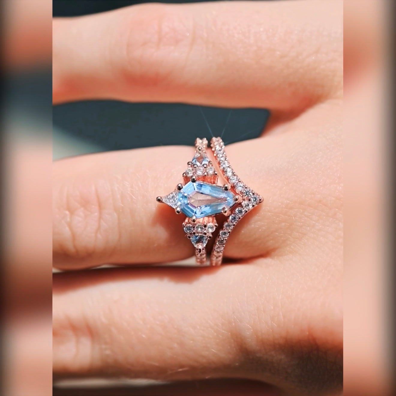 Lumiere Aquamarine Engagement Ring Set | Rose Gold Vermeil & Sterling Silver Wedding and Promise Ring for Her