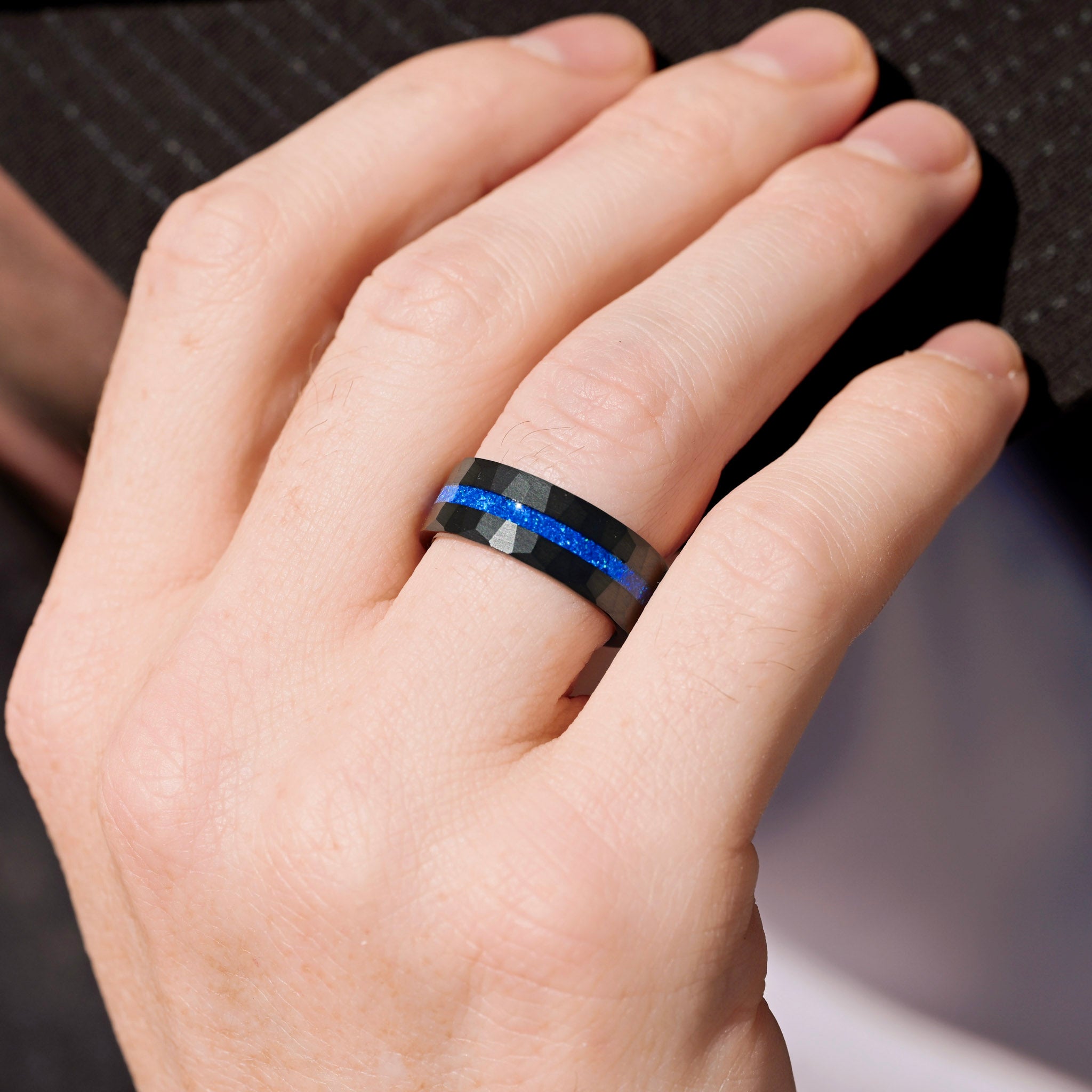Blue Opal Ring Set, His Her Wedding Band, Black Tungsten Ring, Black Hammered Ring, Flat, Thin Blue Strip, Matching Couples Ring, Engraving