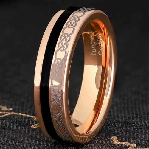 Men's 6mm rose gold tungsten band with an offset black onyx inlay and Celtic knot pattern
