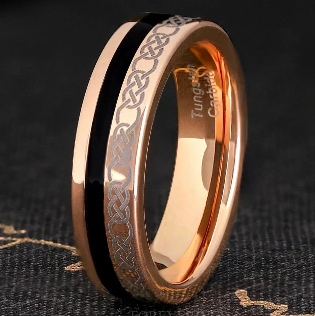 Black Onyx Mens Wedding Band, Rose Gold Tungsten Celtic Knot Ring, 6mm Unique Men Engagement & Promise Ring, Flat Offset Inlay Ring for Him