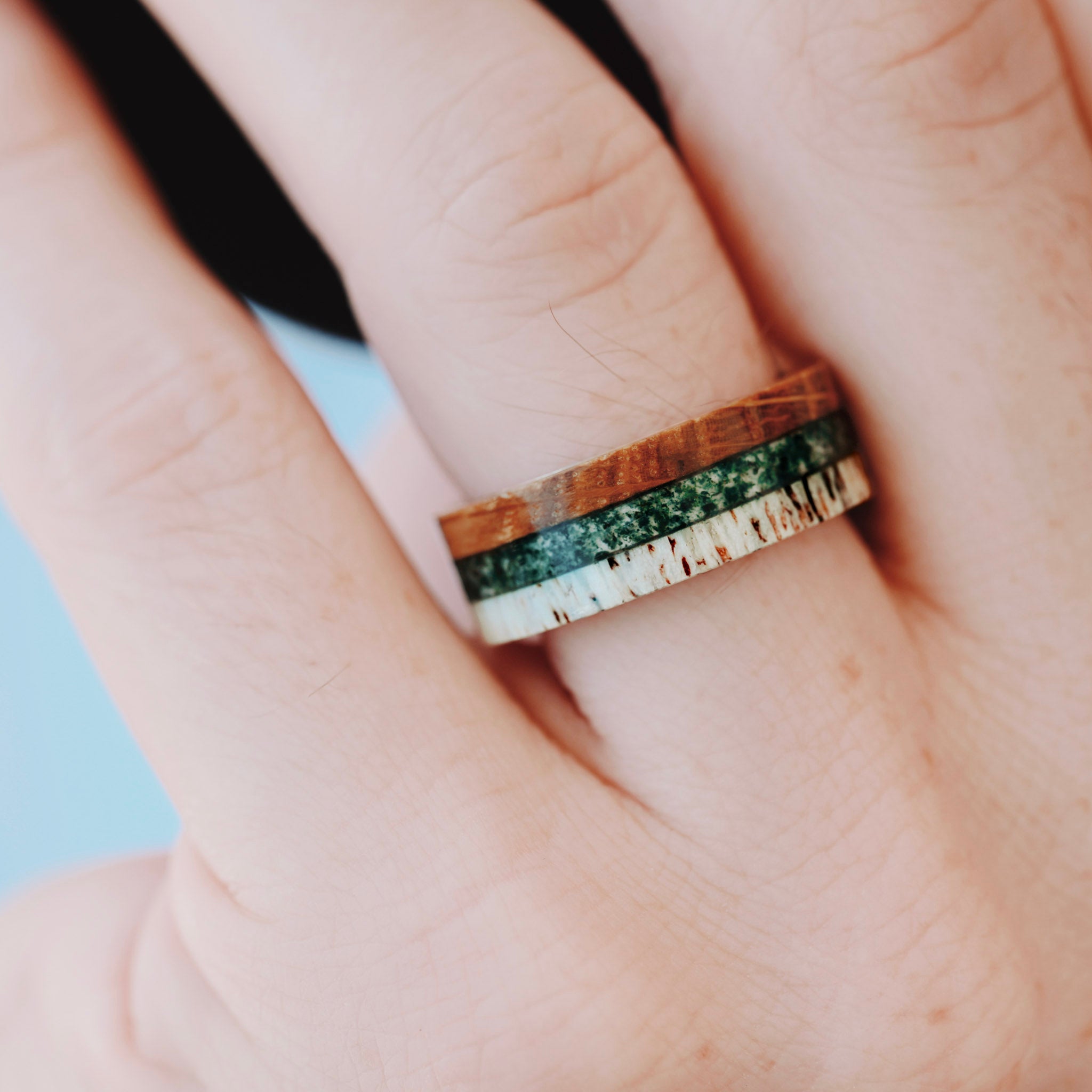 Moss Agate Ring Men, Whiskey Barrel Wedding Band, Personalized Gift, Rose Gold Men Ring, Nature Band, Wood Antler Ring, Promise Ring for Him