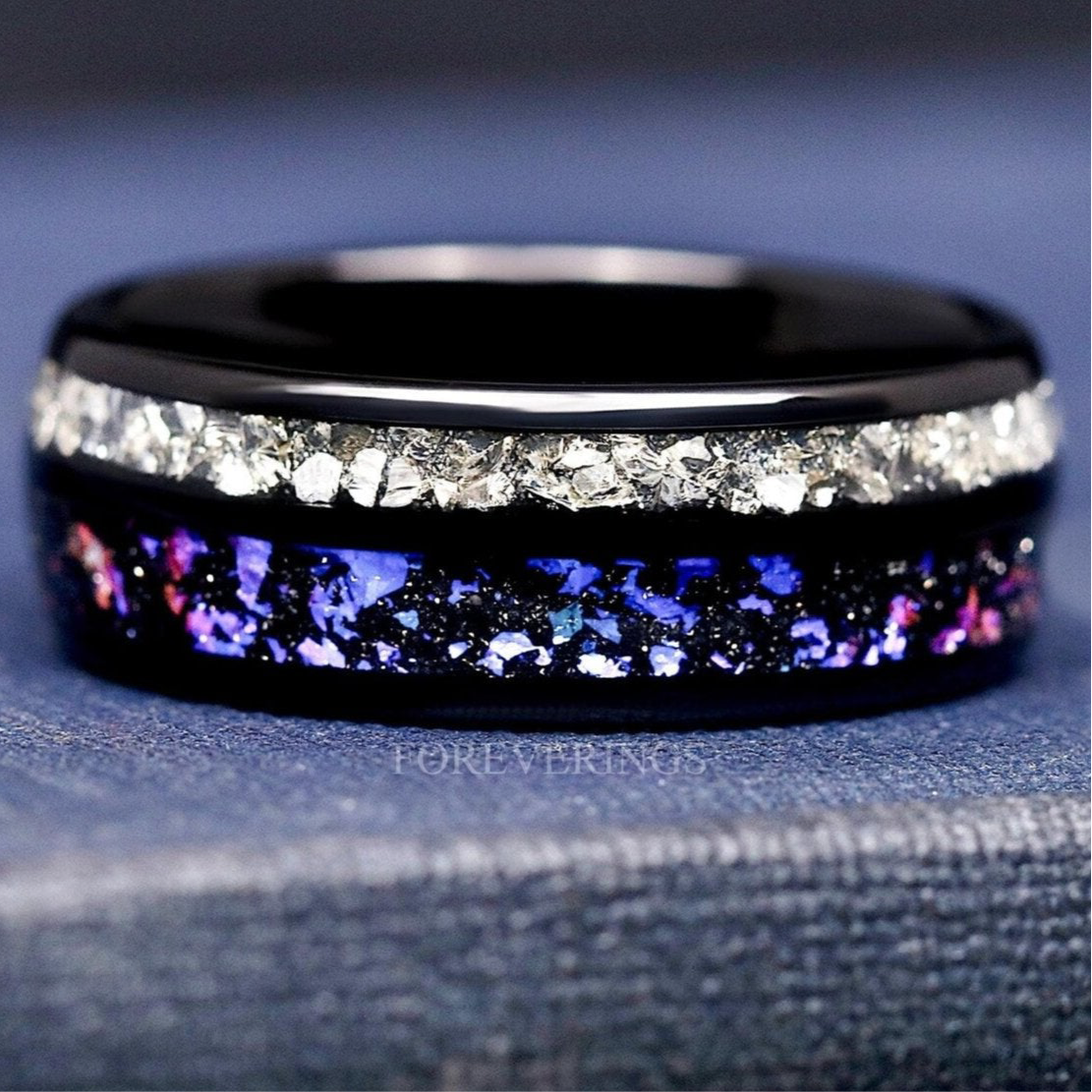 Orion Nebula Ring, Space Men Wedding Ring, Promise Ring, Black Nebula Anniversary Gift, Dome, Polish Smooth, Crushed Diamond, Black Tungsten