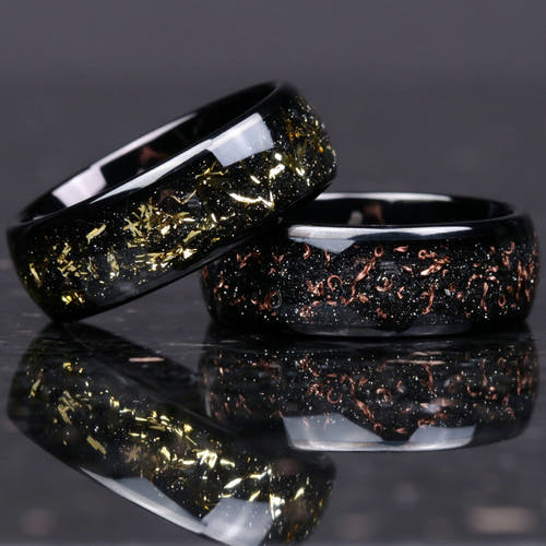 Both flake options: 8mm black tungsten rings with gold flakes and with rose gold flakes