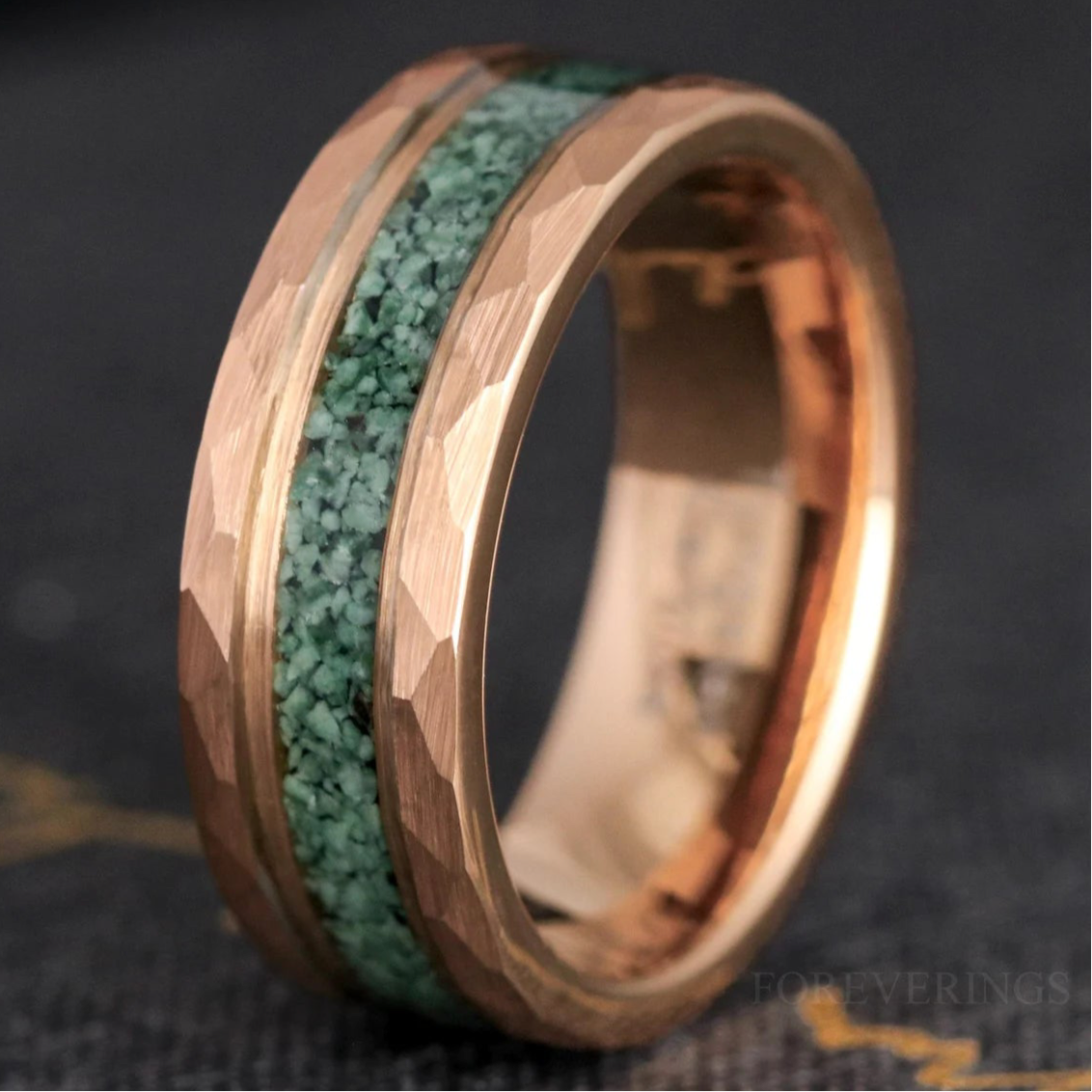 Men's 8mm rose gold tungsten ring with green moss agate inlay, hammered matte finish