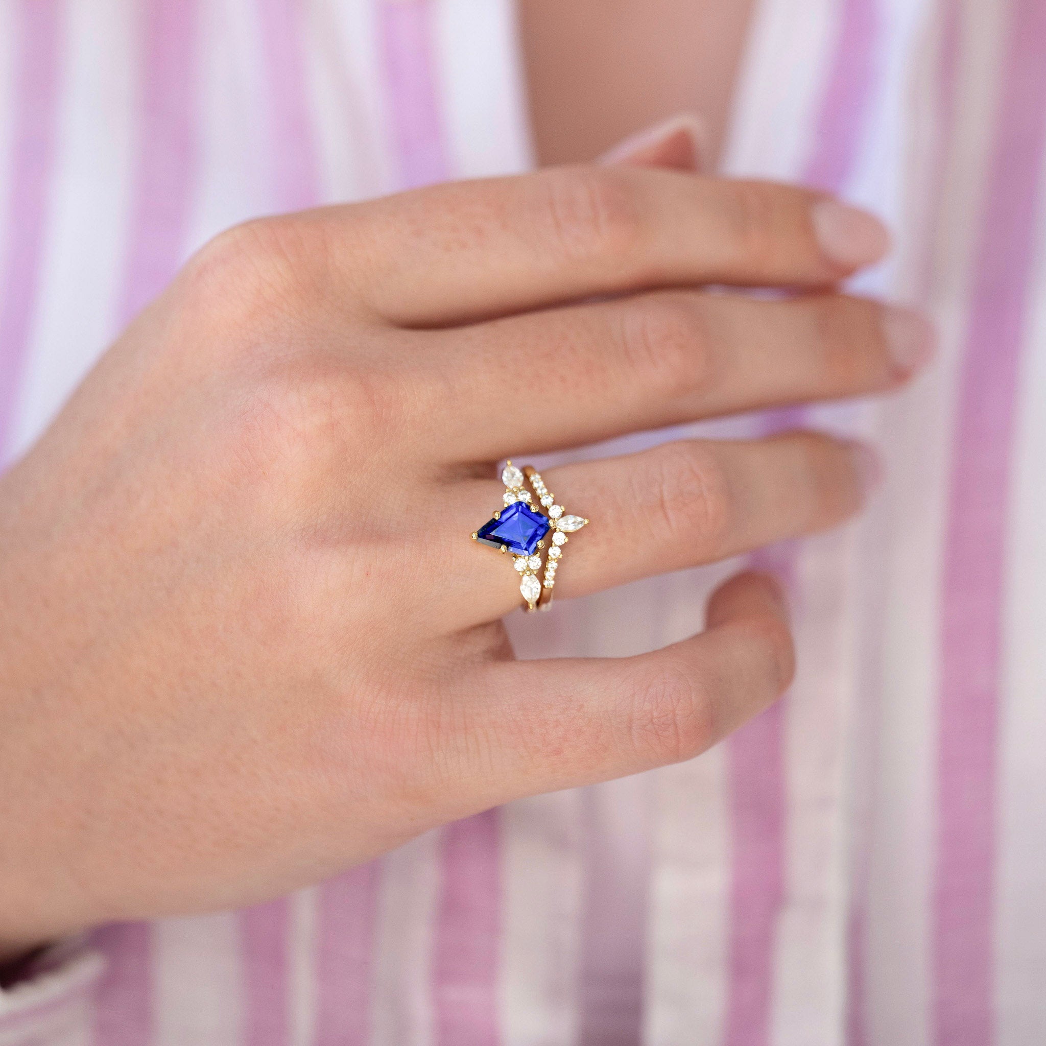 Kite Cut Blue Sapphire Engagement Ring - Orion Nebula Space Wedding Band Set, 925 Sterling Silver & Yellow Gold, Unique Gift for Her