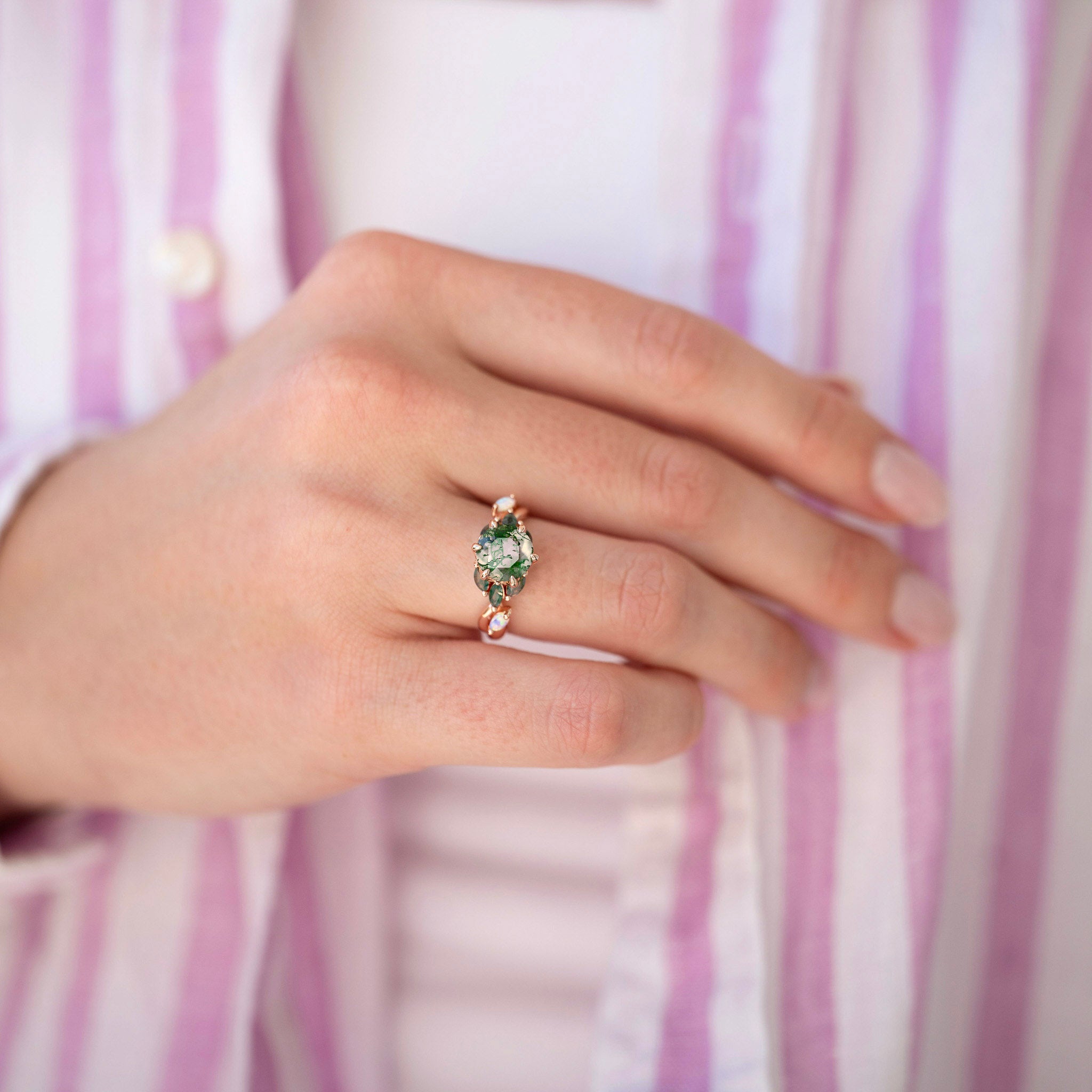 Nesta Moss Agate Couples Ring Set, His and Hers Rose Gold Wedding Bands, Wood Nature Landscape Ring, Unique Engagement or Promise Ring Set