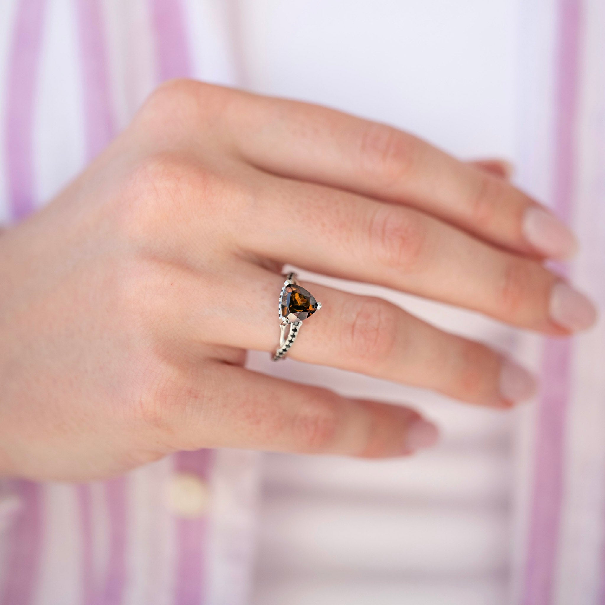 Smoky Quartz & Whiskey Barrel Couples Ring Set | Tungsten and Sterling Silver