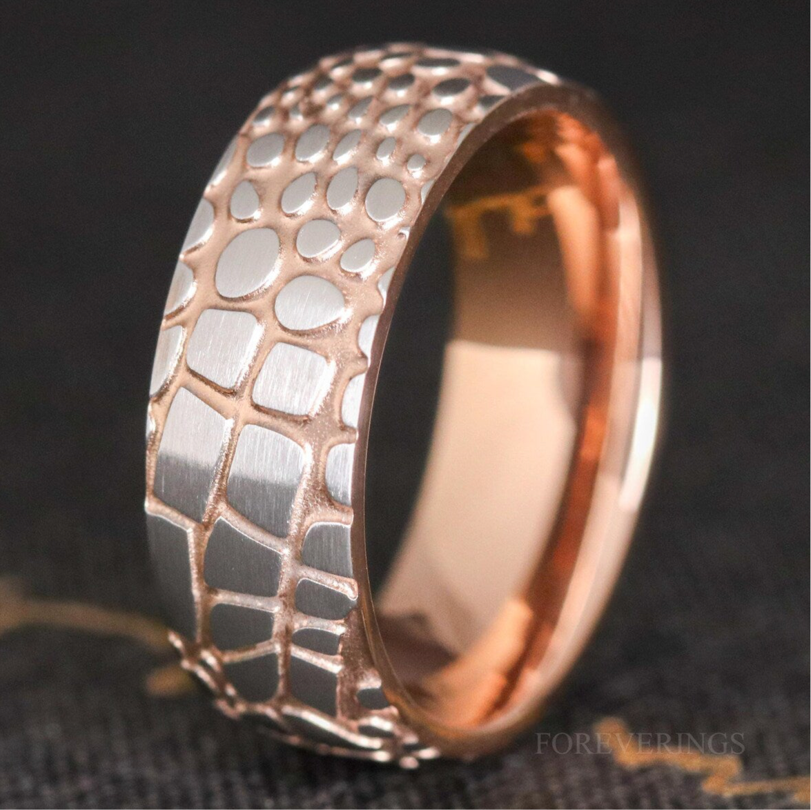 Titan Rose Gold Damascus Steel Wedding Band for Men – 8mm Superconductor Ring, Two Tone Silver and Rose Gold, Unique Men Engagement Ring