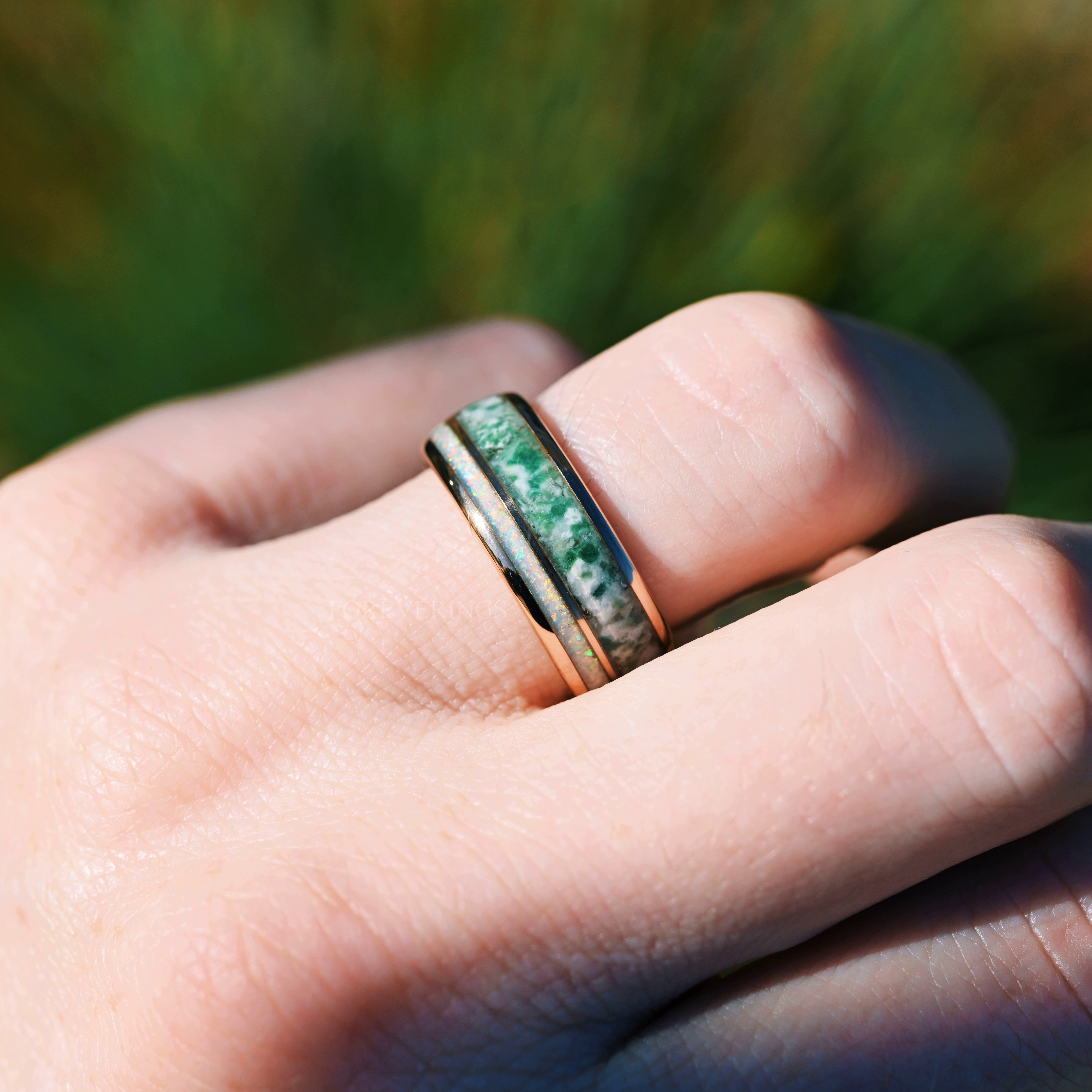 Rose Gold Moss Agate Men's Ring, White Opal Wedding Band, Green Moss Agate Tungsten Band, Nature-Inspired Earthy Tungsten Ring, Dome, Polish