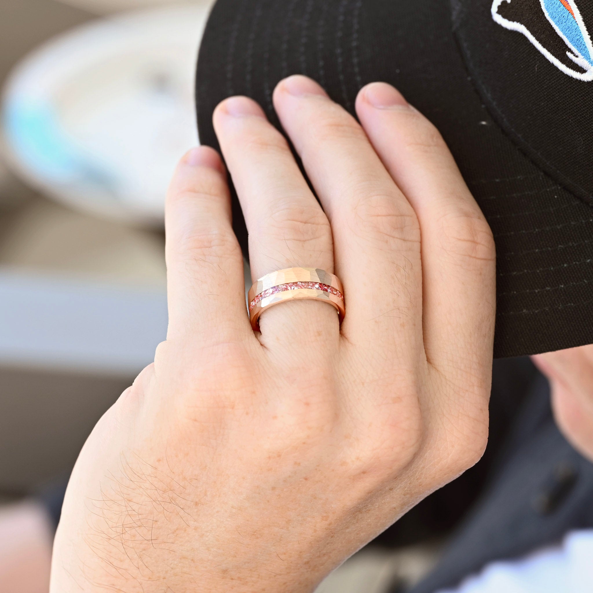 Rose Gold MORGANITE Ring Mens Hammered Tungsten Band, Offset Crushed Morganite Glass Stones, 8mm Man Wedding Band, Matte Brush, Ring Engrave