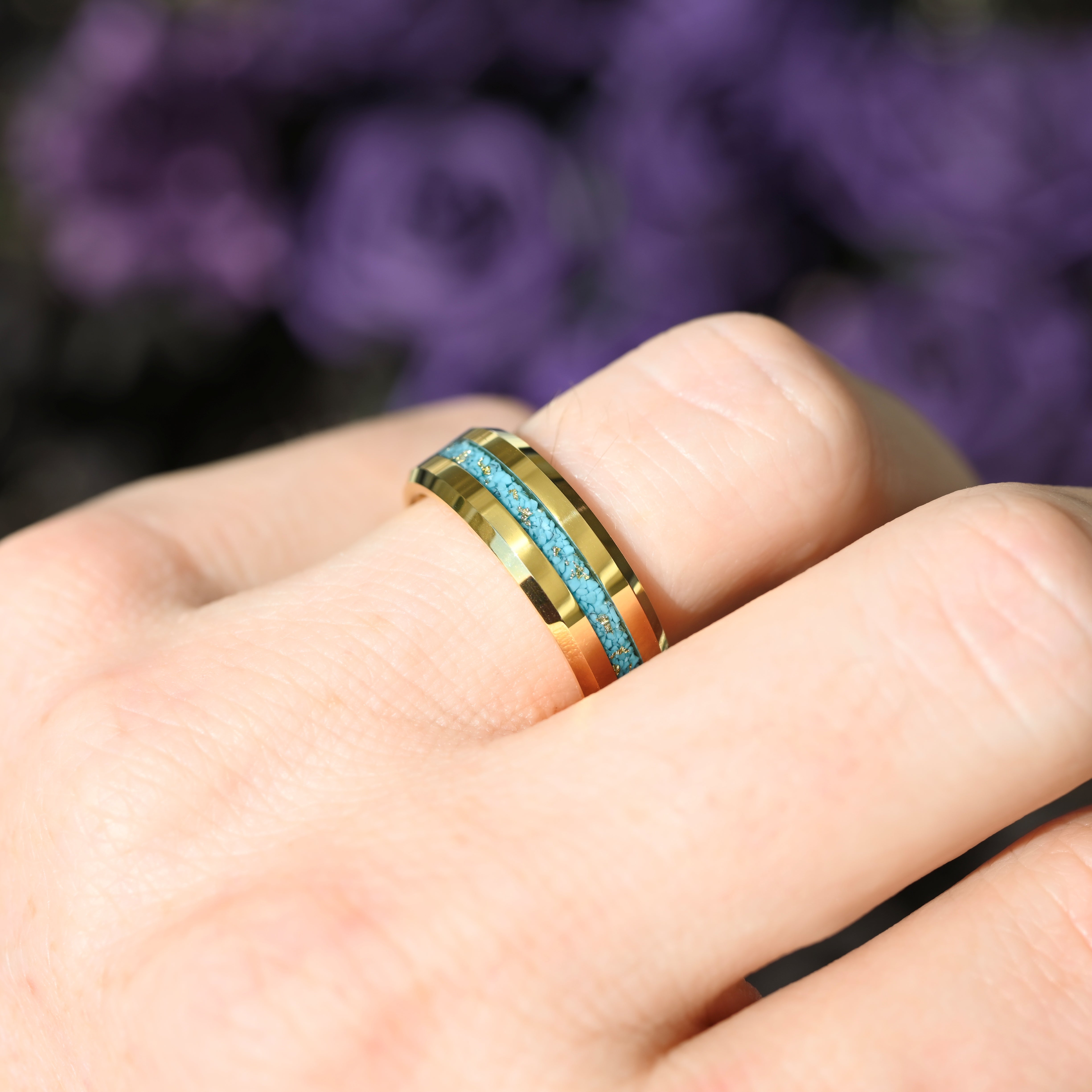 Turquoise & Gold Leaf Tungsten Wedding Band – 8mm Beveled Edge Ring, Unique Men's Engagement, Promise, or Wedding Band, Ring Engraving