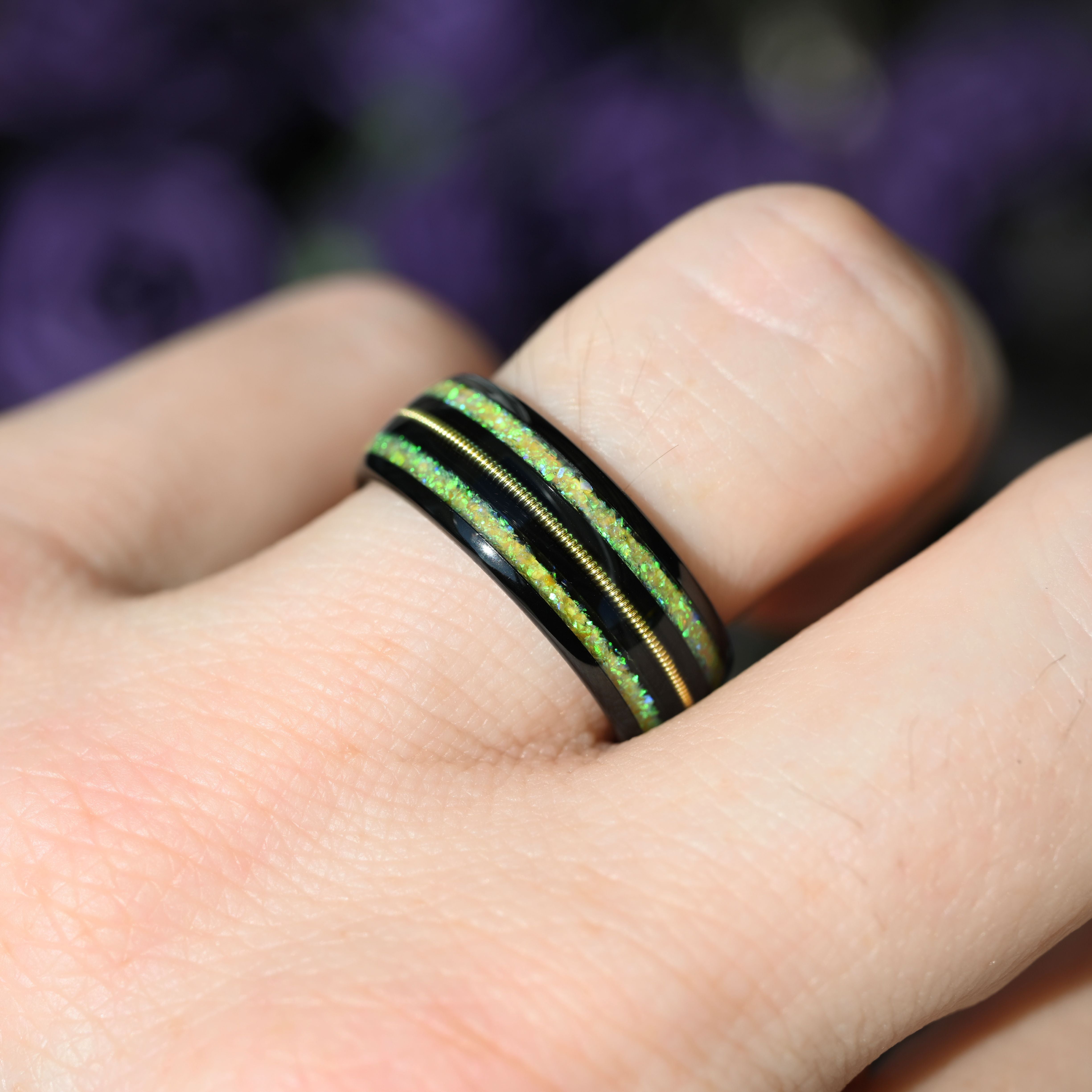 Gold Guitar String Ring Men, Black Tungsten Wedding Band, Black and Yellow Opal Engagement Ring for Him, 8mm Dome Polished Band