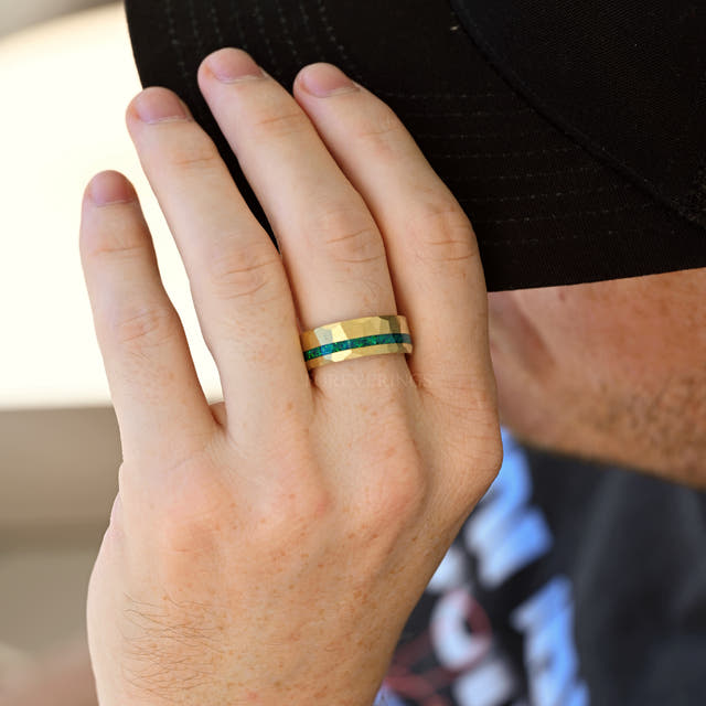 Unique couples rings with hammered tungsten and kite cut opal
