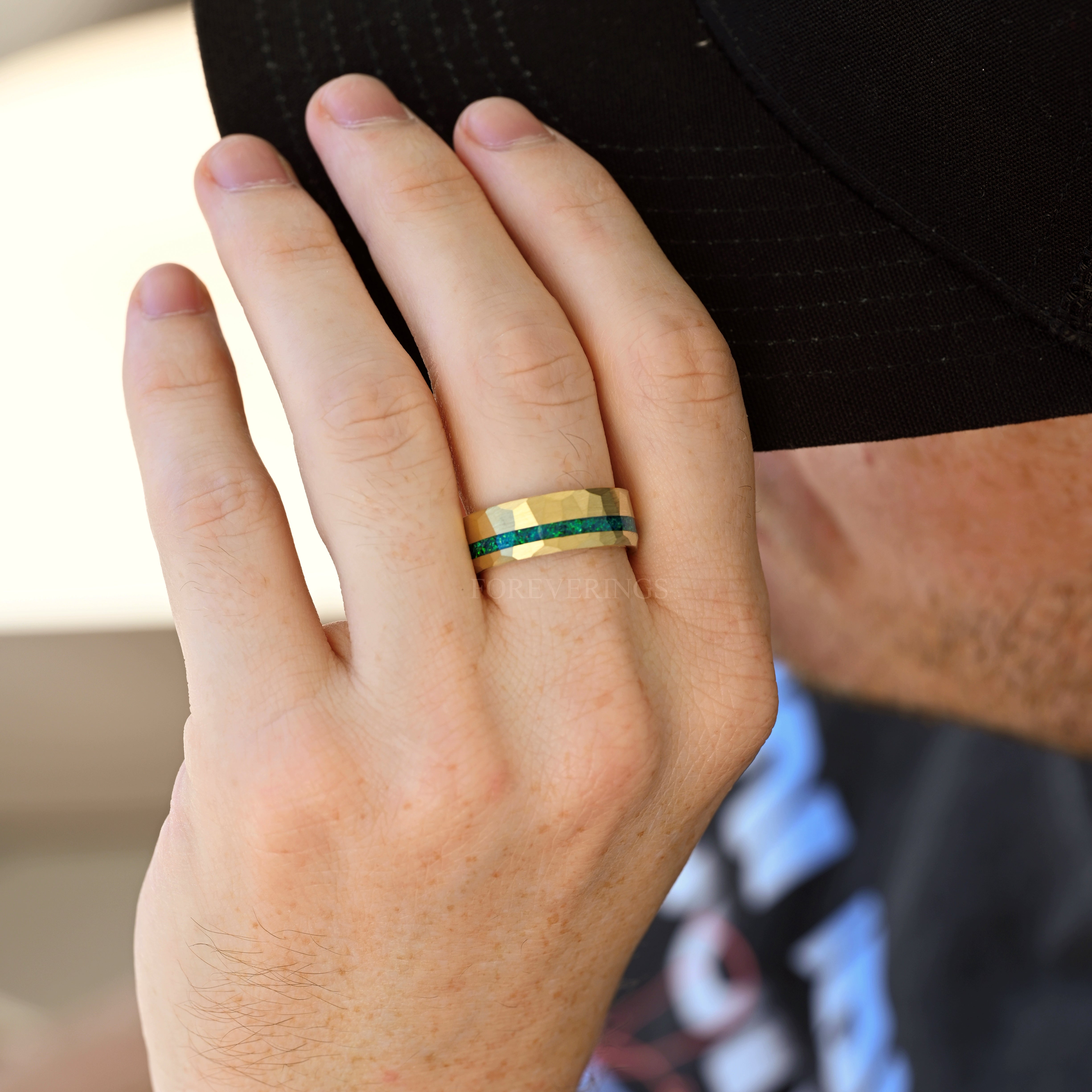 Gold Emerald Opal Wedding Band Set, Hammered Tungsten Ring Set, 8mm & 4mm His and Her Ring, Blue Green Opal Couples Ring, Gold Hammered Band