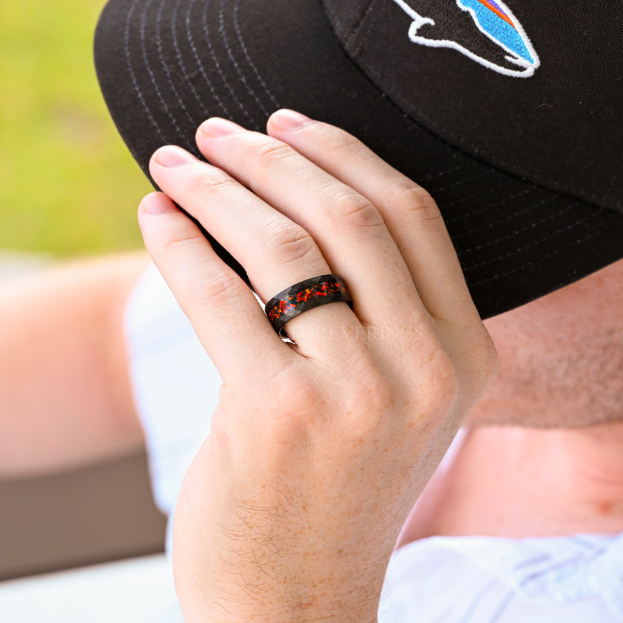 His Her Red Fire Opal Nebula Ring Set, Hammered Black Tungsten Wedding Band, Red Opal Band, 8mm & 4mm Black Rings, Couple Ring, Matte, Brush