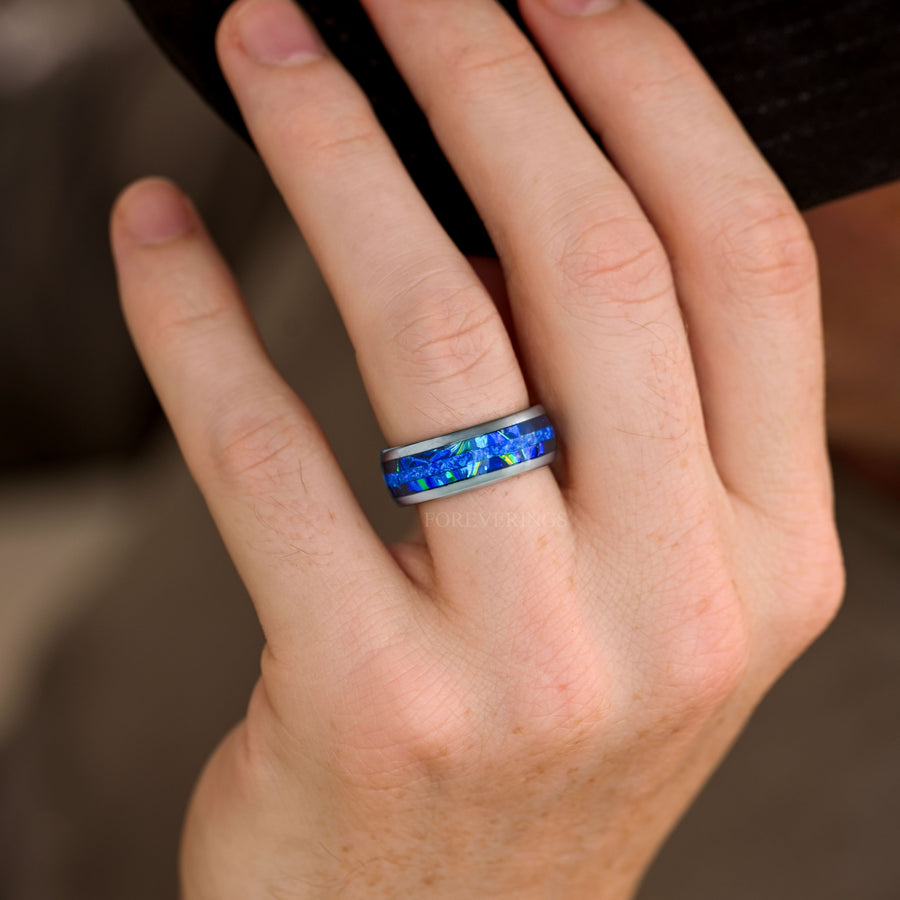 Blue Fire Opal Dichrolam Inlay | Men's Silver Tungsten Wedding Band