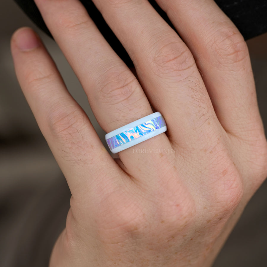Caribbean Mens Wedding Band – White Ceramic Beach Ring, Dichrolam Blue, Unique Promise Ring for Him, Anniversary Gift, 8mm Trendy Mens Ring