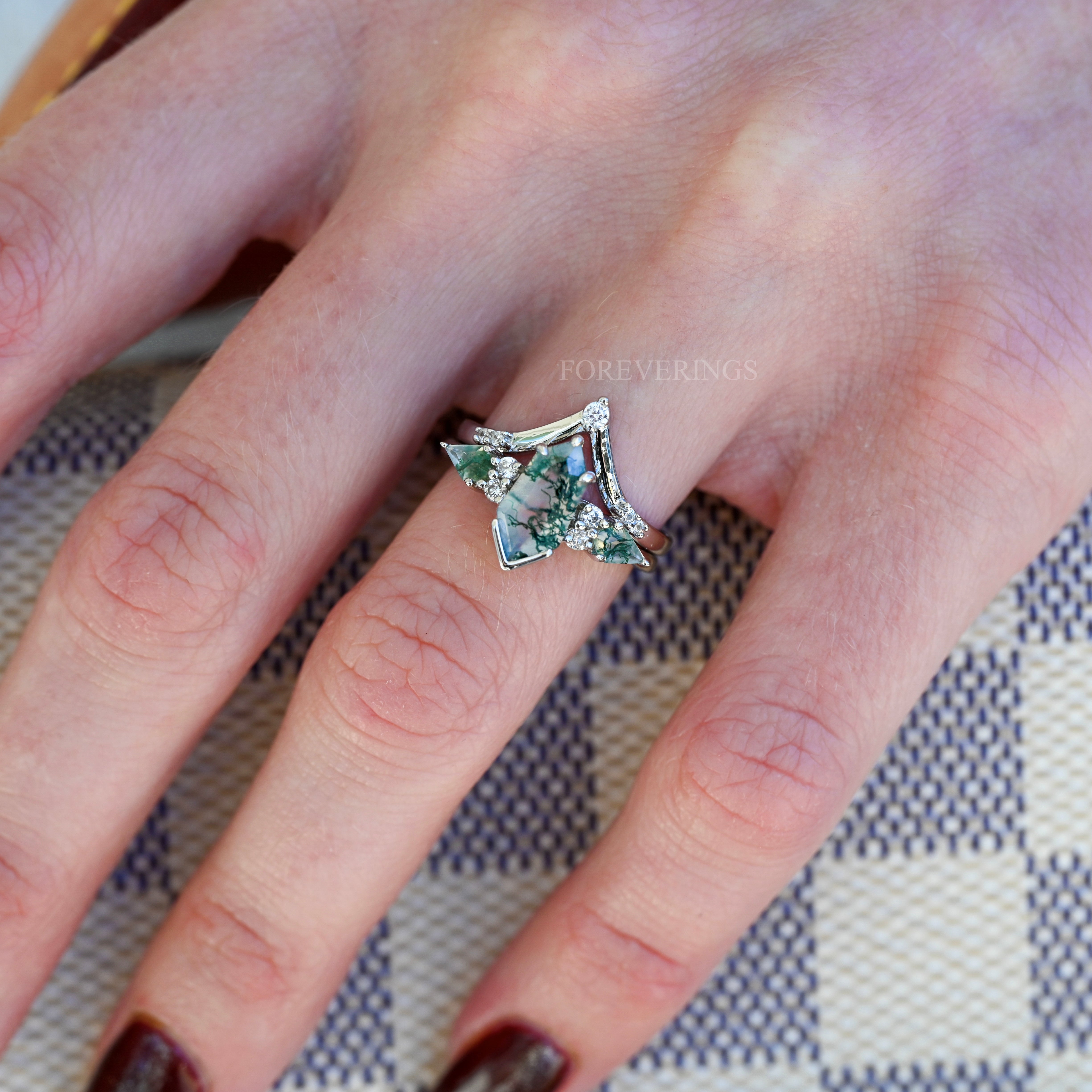 Green Moss Agate Coffin Kite Ring Set, His and Her Wedding Band, 925 Silver, Matching Nature Couples Ring, Alternative Engagement Ring