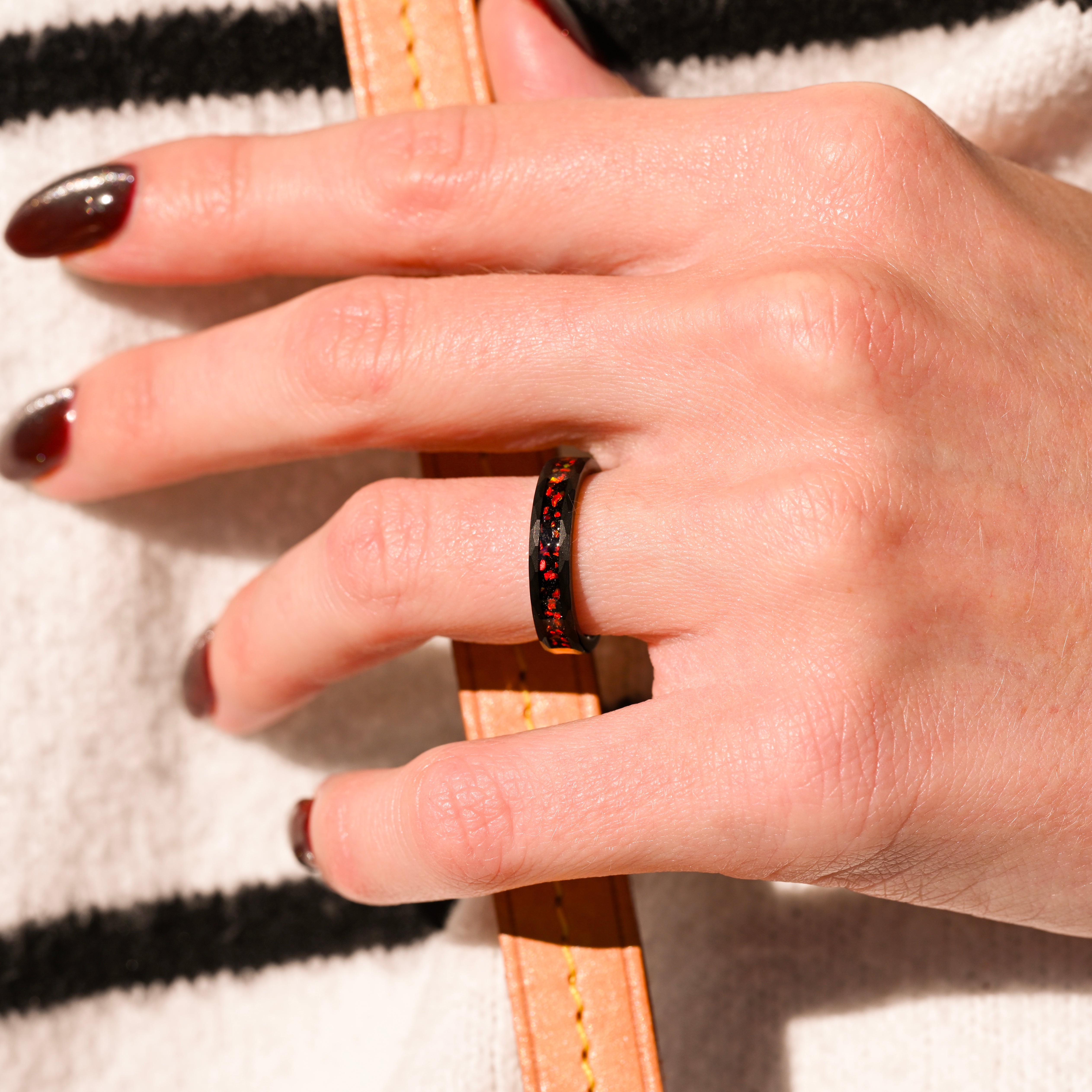 4mm Black and Red Fire Opal Band, Hammer Black Tungsten Wedding Band, Red Opal, Women Men Ring, Black Ring, Matte Brushed, Ring Engraving