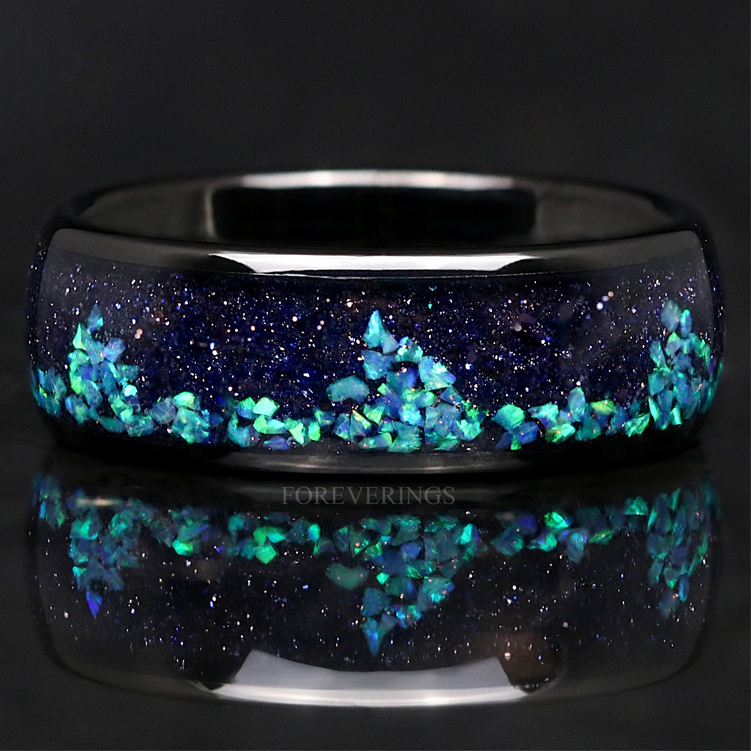 Wave Men Tungsten Wedding Band, Black Nebula Ring, Starry Night, Black Tungsten Space Ring, 8mm Dome Polish, Blue Sandstone, Engraved Band