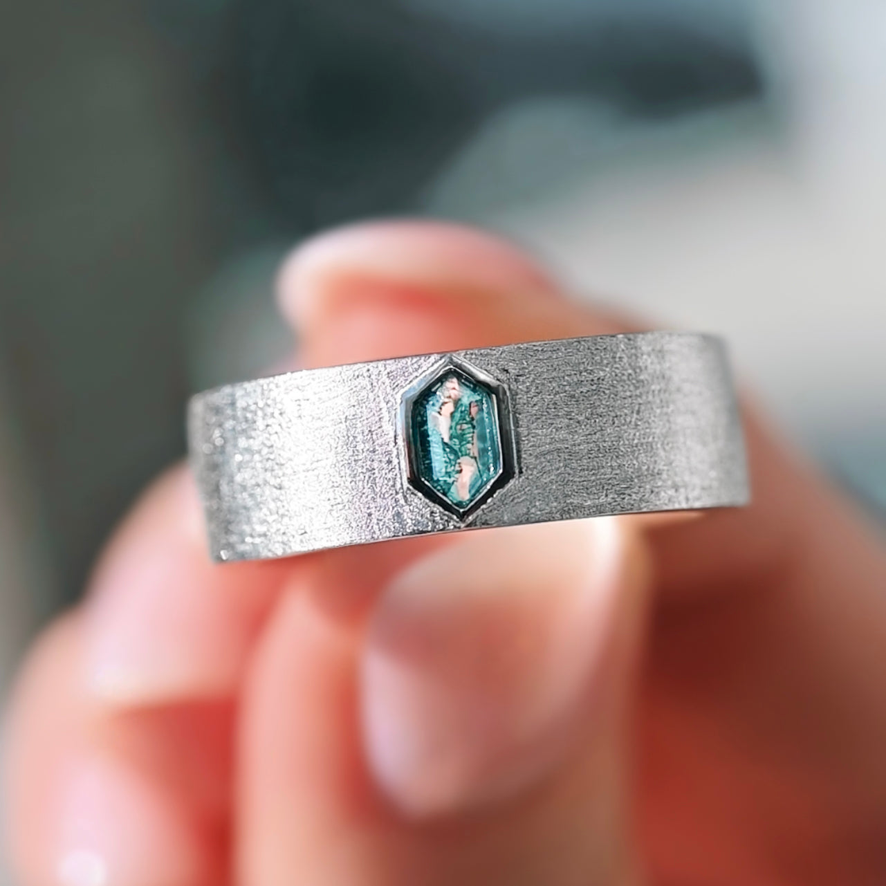 Green Moss Agate Mens Engagement Ring, Flat Brushed Sterling Silver Band