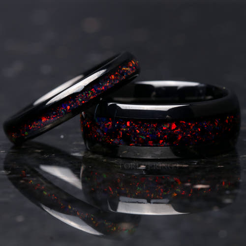 Matching black tungsten couples ring set with black fire opal inlay, 8mm and 4mm