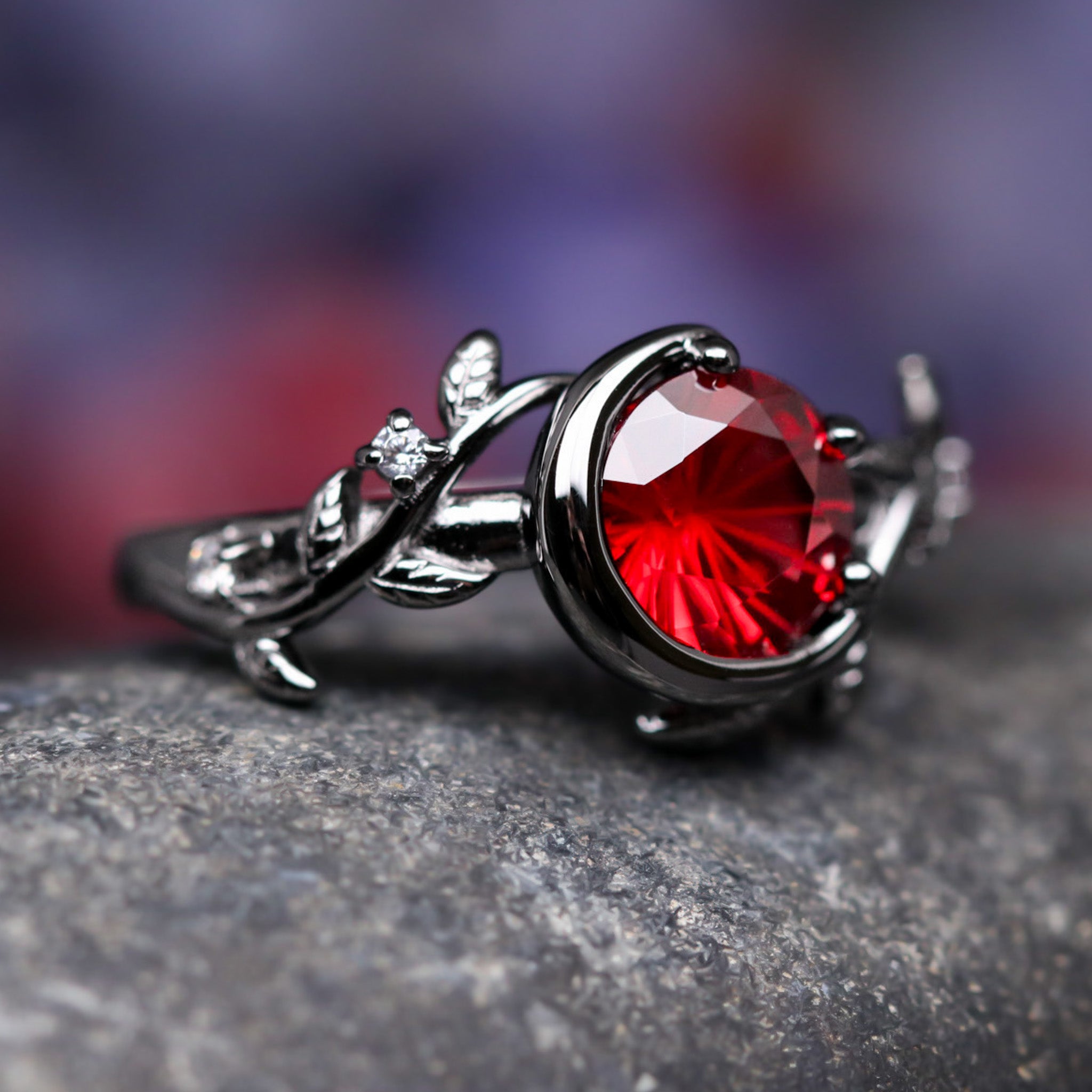 Nightleaf Crescent Moon Couples Ring Set, His and Her Wedding Ring, Leaf Engagement Ring Set, Matching Promise Rings, Black & Red Rhodolite