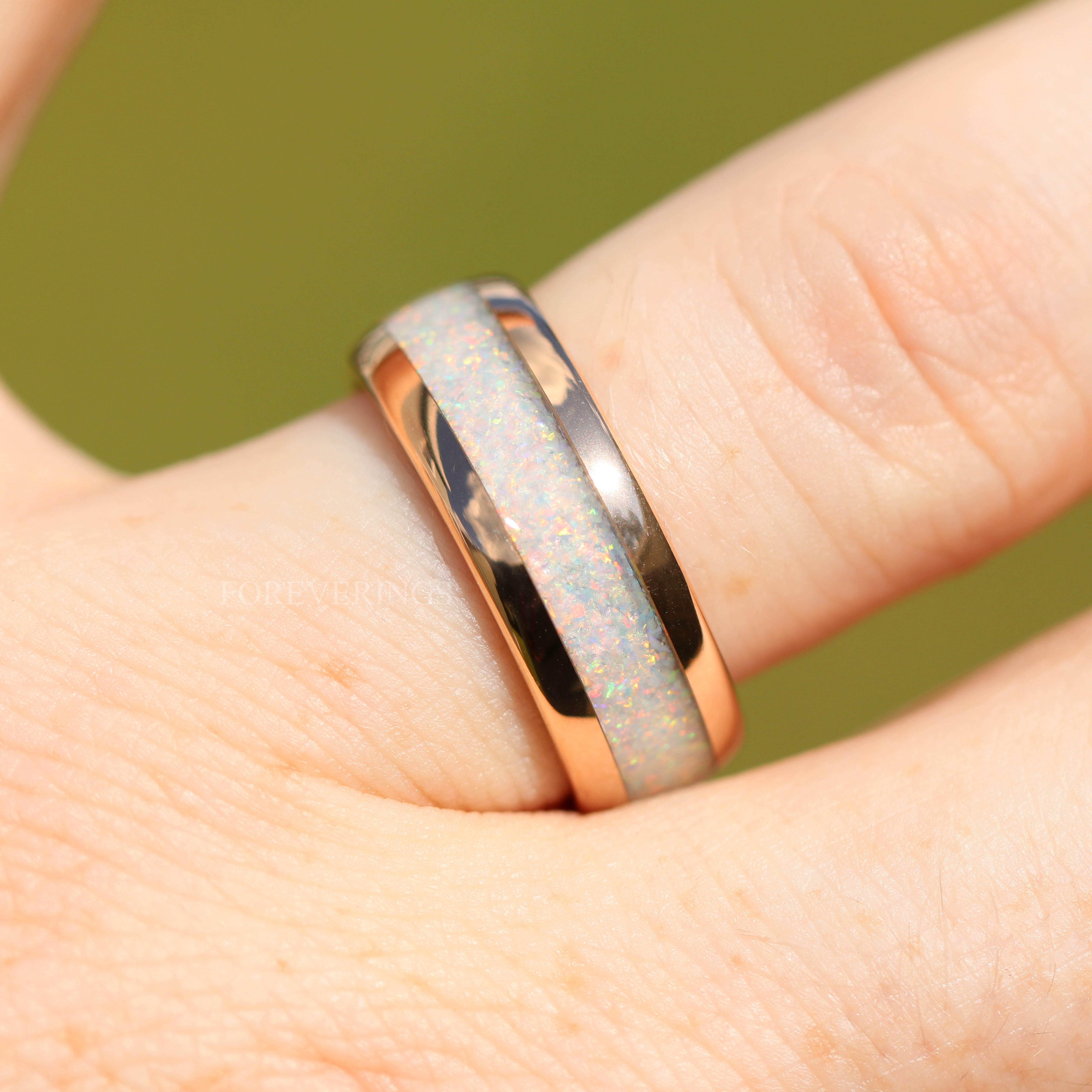 His & Hers Opal Tungsten Wedding Bands, White Fire Opal, Rose Gold Ring Set, 8mm-4mm Couples Rings, Dome Polished Finish, Promise Ring Set
