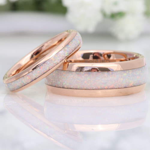 Matching rose gold tungsten couples ring set with white fire opal inlay, 8mm and 4mm