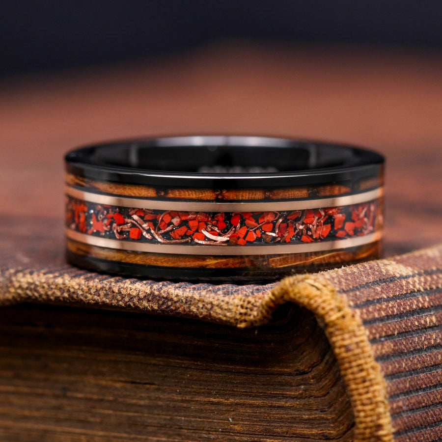 Whiskey wood tungsten ring rose gold flakes