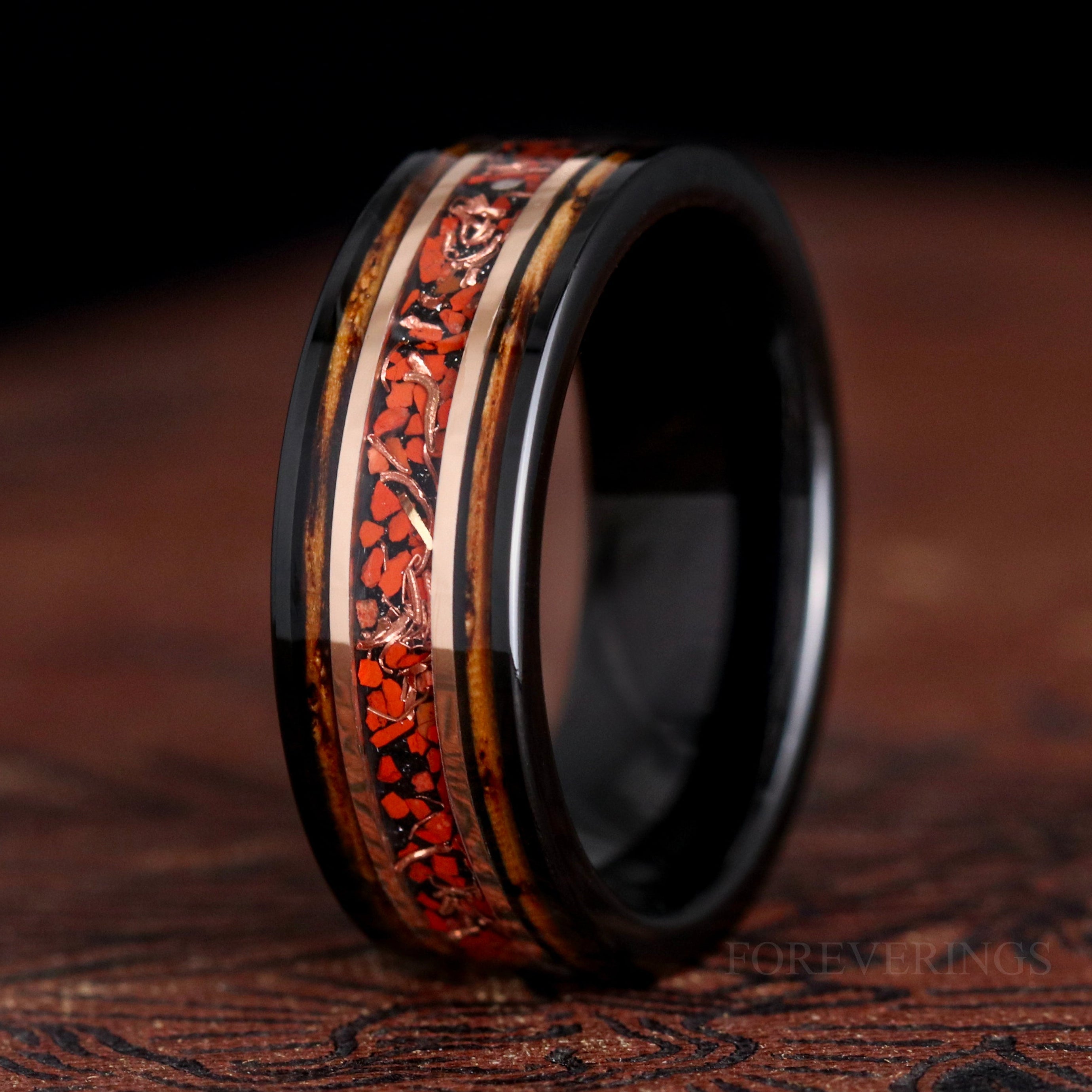 Dinosaur Bone Tungsten Ring, Whiskey Wood, Rose Gold Flakes, Mens Wedding Band