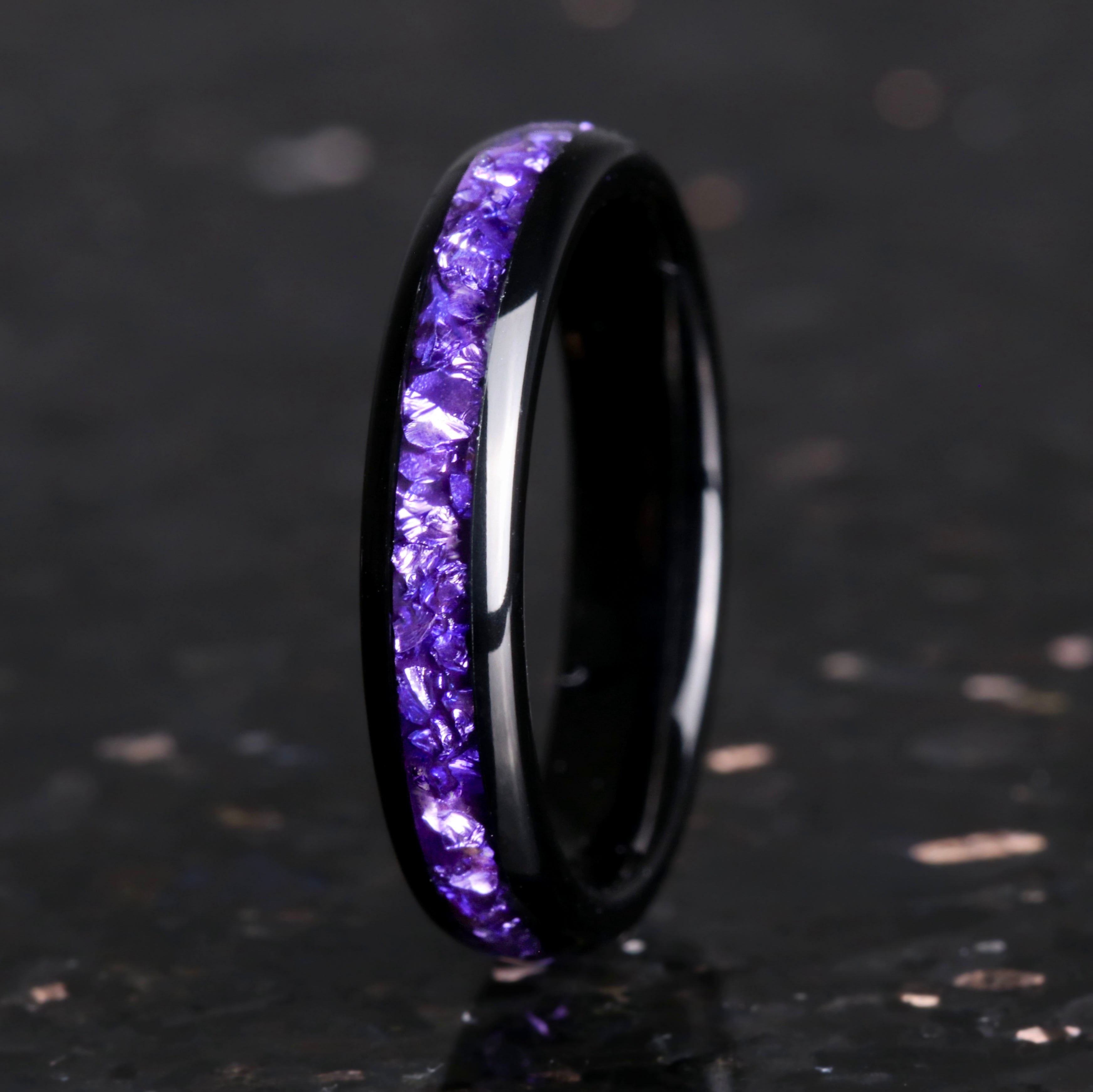 Amethyst Wedding Band, Purple Ring, Black Tungsten Ring, Dome Polish Comfort Fit, Women & Men, 4mm Stackable Purple Band, Anniversary Gift