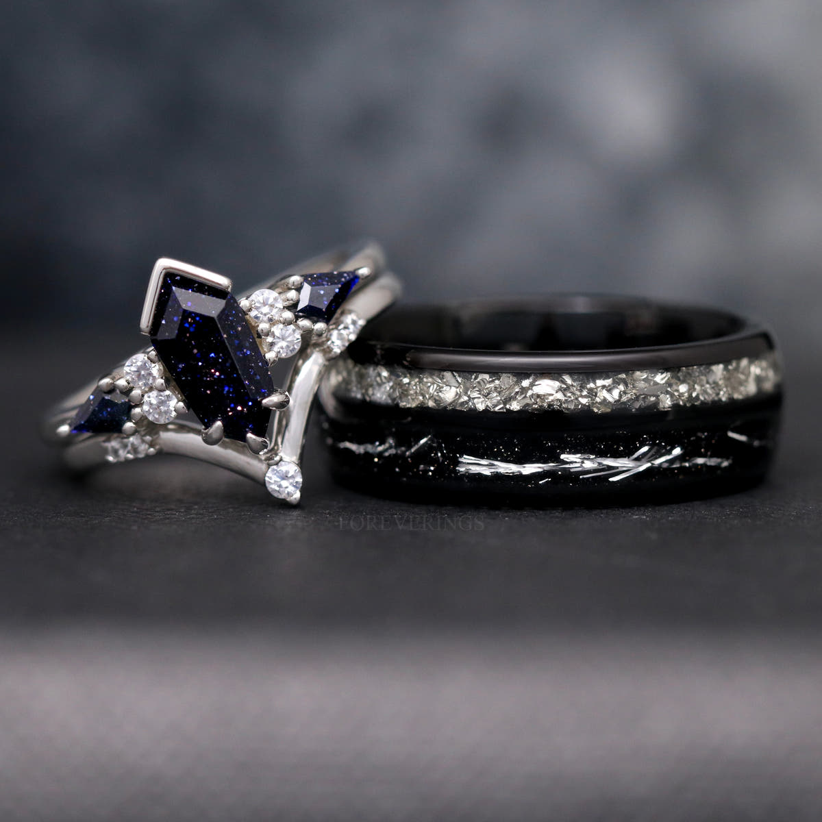 Matching fantasy couples ring set: blue sandstone engagement ring in sterling silver and 8mm black tungsten band
