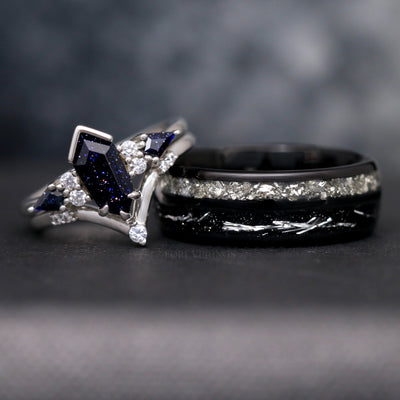 Matching fantasy couples ring set: blue sandstone engagement ring in sterling silver and 8mm black tungsten band