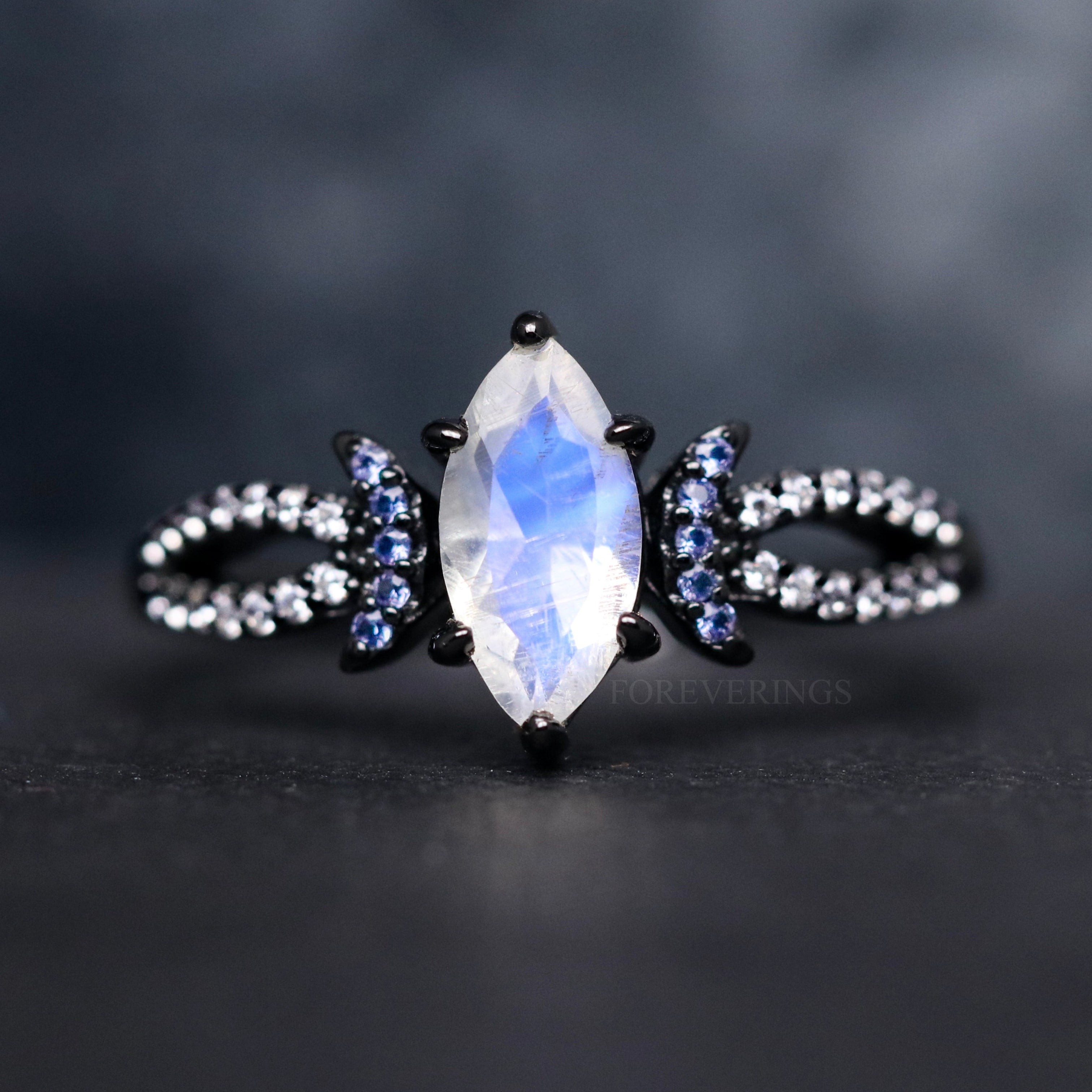 Lunara Moonstone Wedding Ring, Witchy Engagement Ring, Nontraditional Marquise Cut, 925 Sterling Silver, Unique Promise Ring, Women Black Band