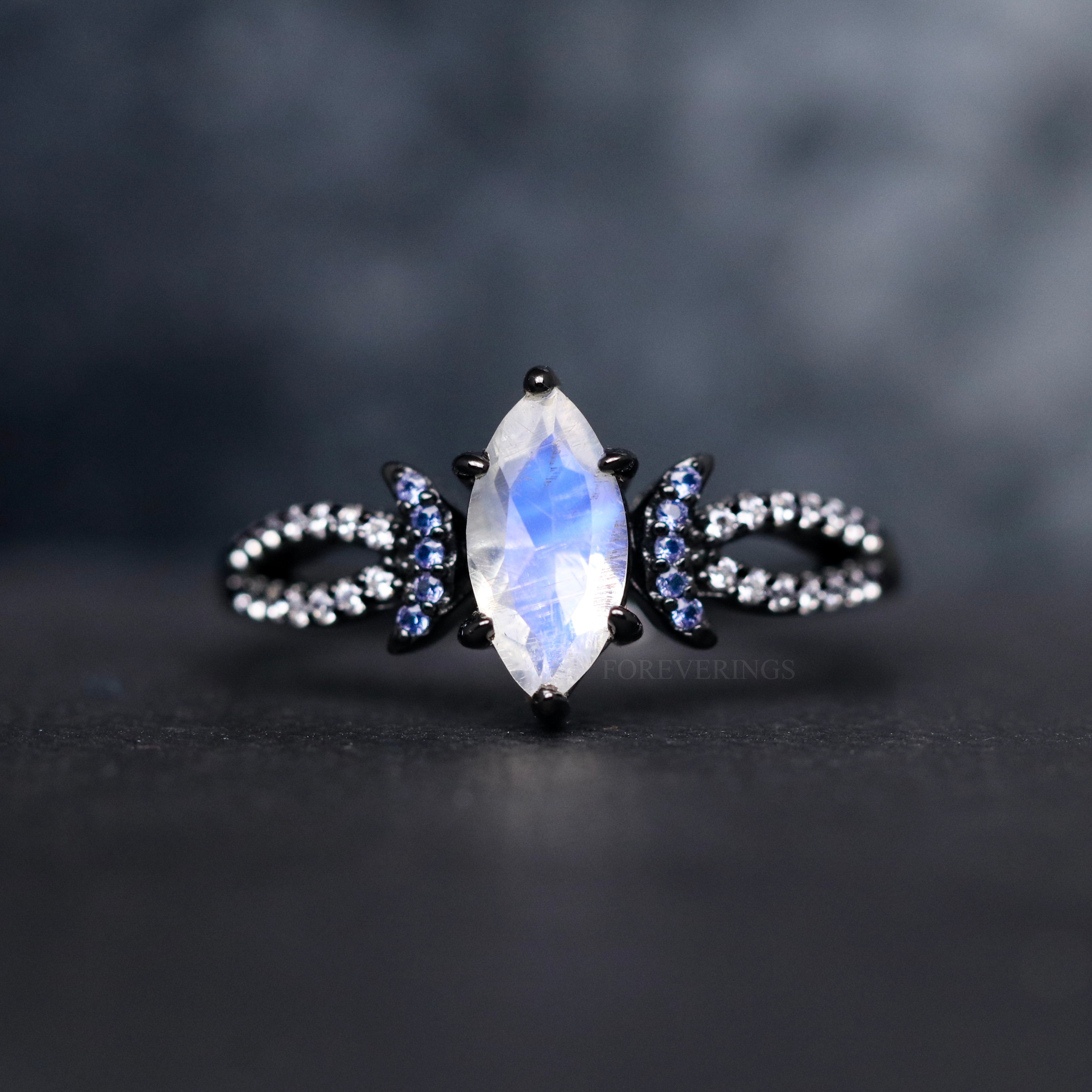 Lunara Moonstone Glow Ring Set, Couples Engagement Ring, Matching His and Her Band, Unique Promise Ring, Crescent Moon, Fantasy Wedding Ring
