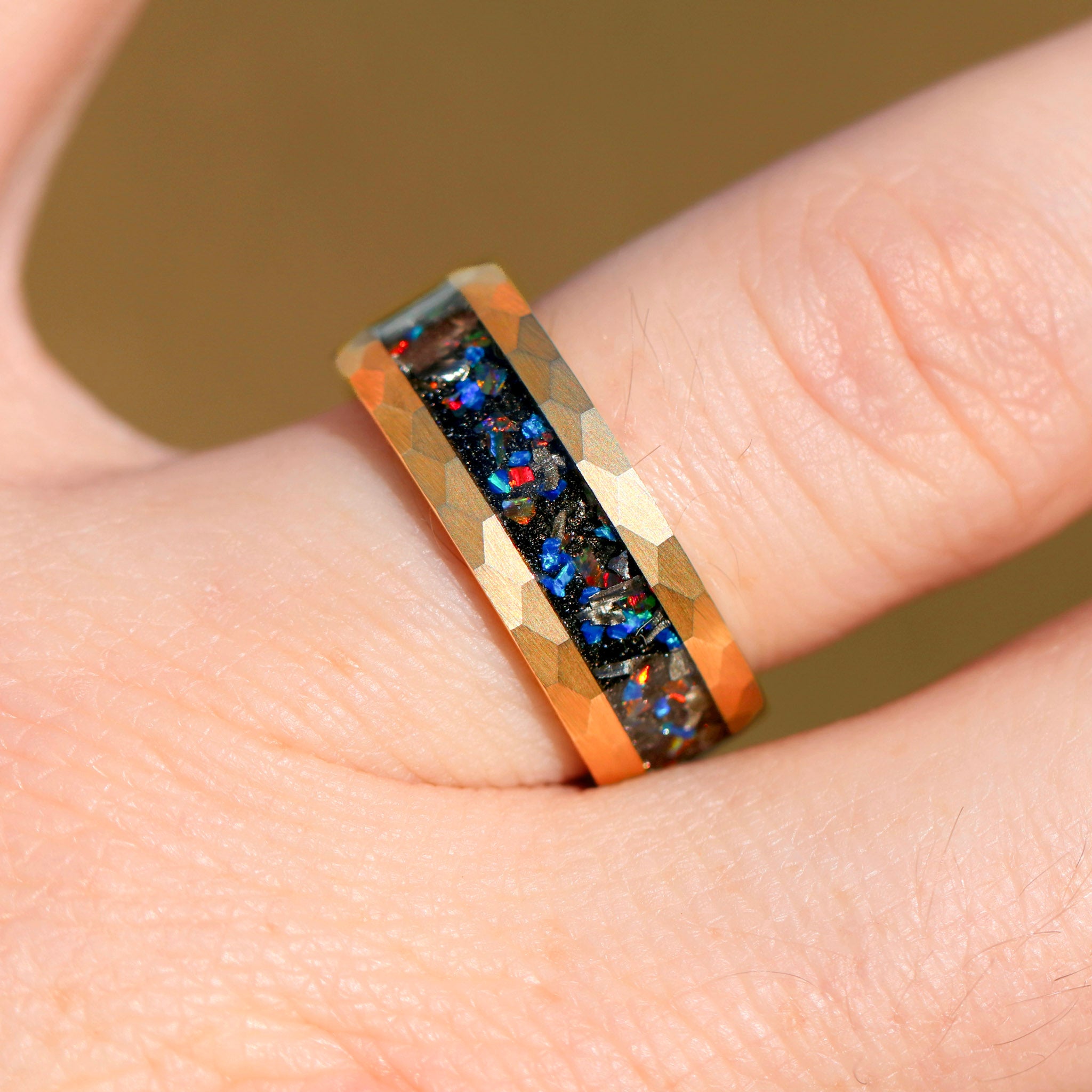Meteorite and Galaxy Opal Ring Set, His and Hers Tungsten Wedding Band, 8mm & 4mm Yellow Gold Rings, Hammer, Flat, Brush, Comfort Fit