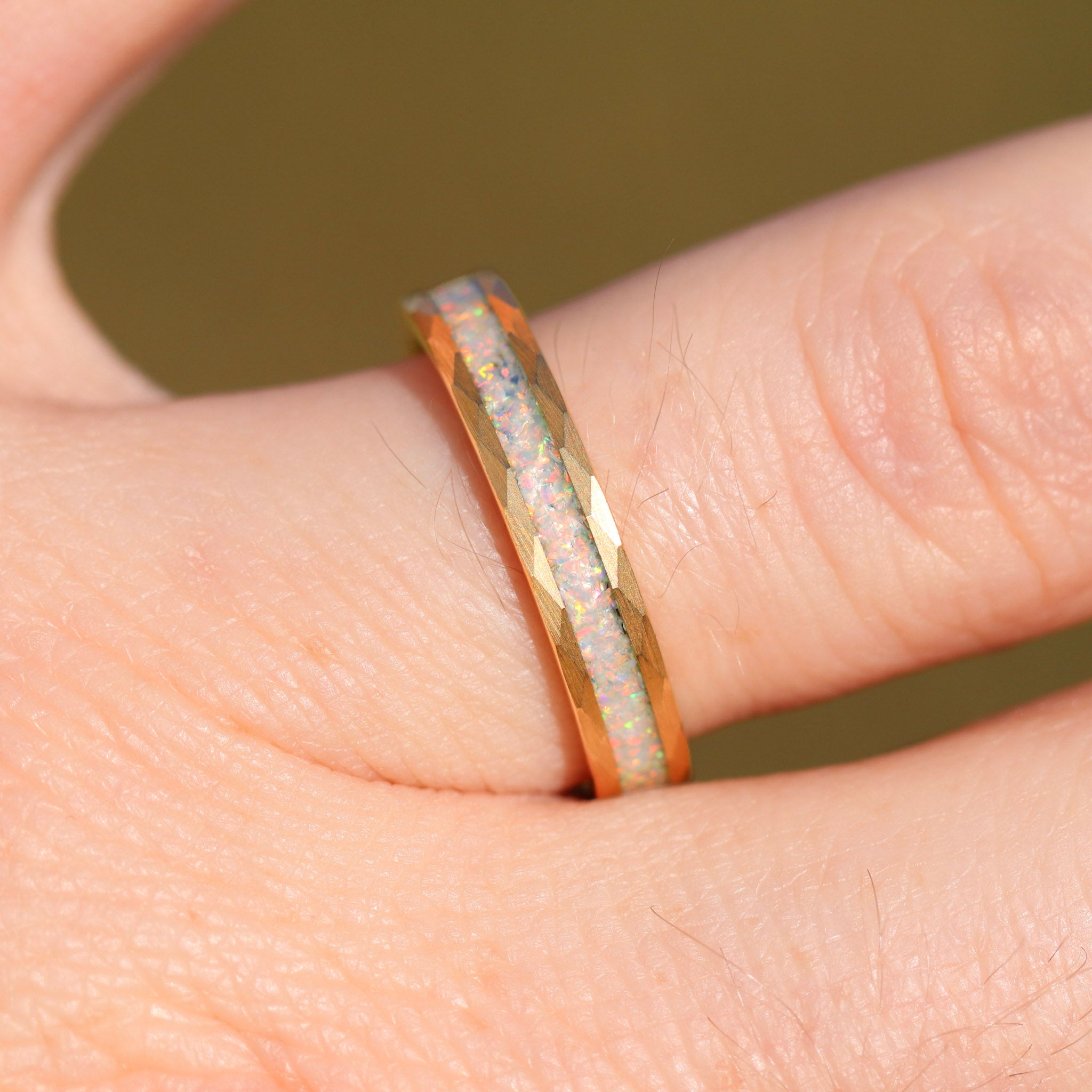 His and Hers Tungsten Wedding Band, Crushed White Fire Opal, 8mm & 4mm Rings, Yellow Gold Plated, Hammer, Flat, Brushed, Comfort Fit