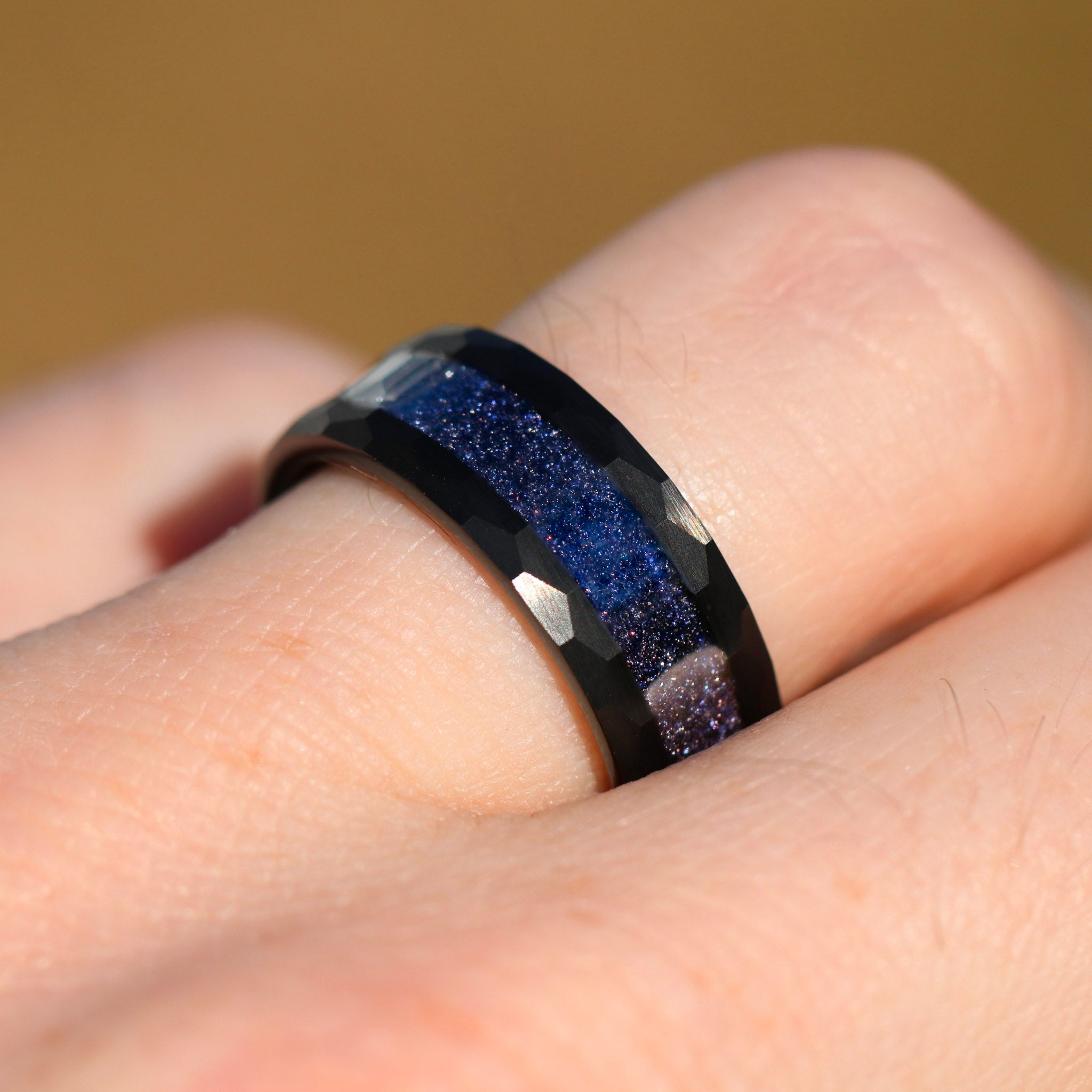 Rift Nebula His Her Wedding Ring Set, Starry Night, Personalized, Black Ring, Hammered, Space Couples Ring, Tungsten, 925 Silver, Sandstone