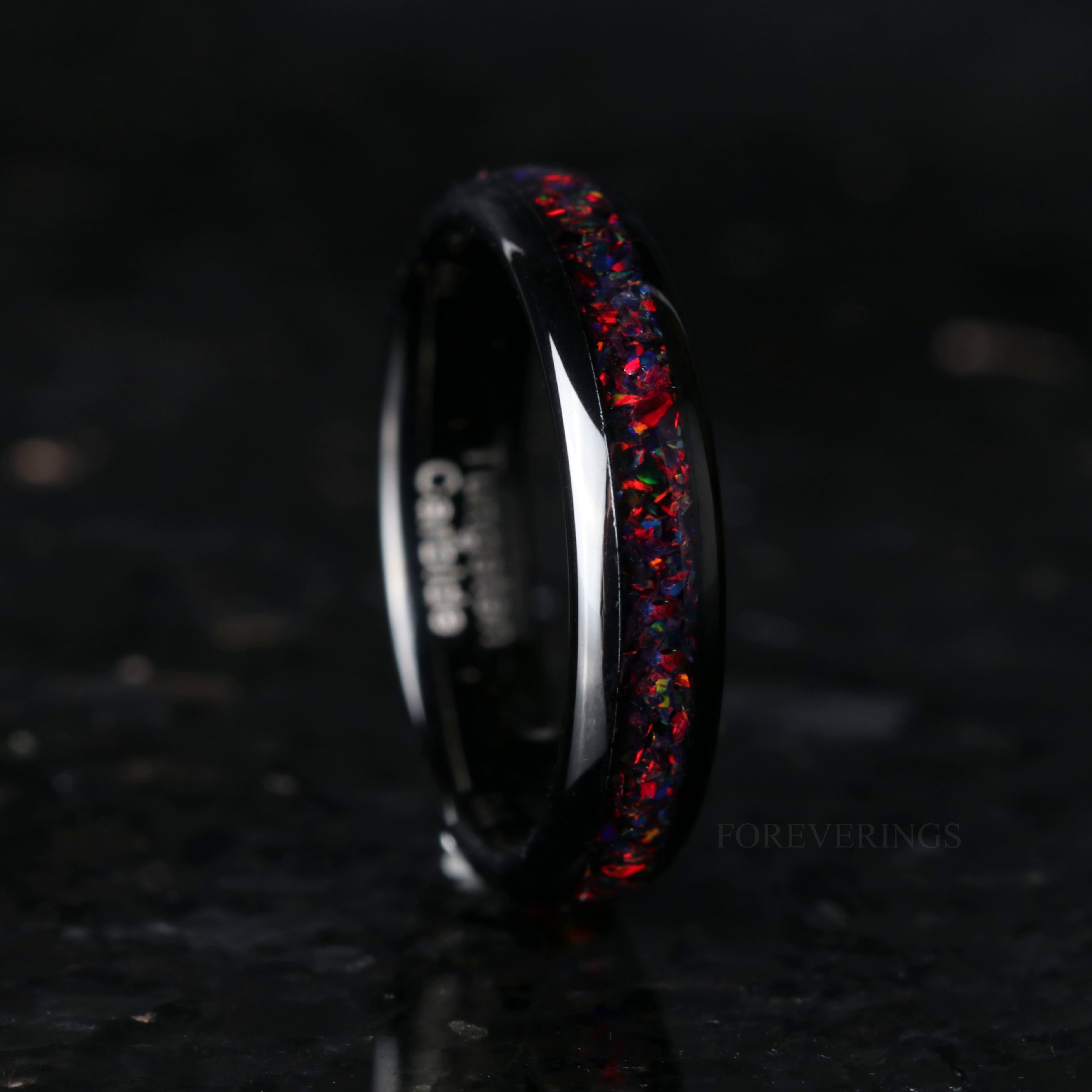 His and Hers Tungsten Wedding Band, Crushed Black Fire Opal Ring, 8mm & 4mm Black Tungsten Ring Set, Couples Ring, Polish, Dome, Comfort Fit