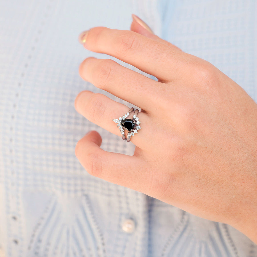 Rustic black hammered tungsten and sterling silver rings for couples