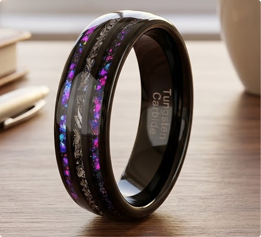Cosmic meteorite men’s ring, black Orion nebula unique wedding band