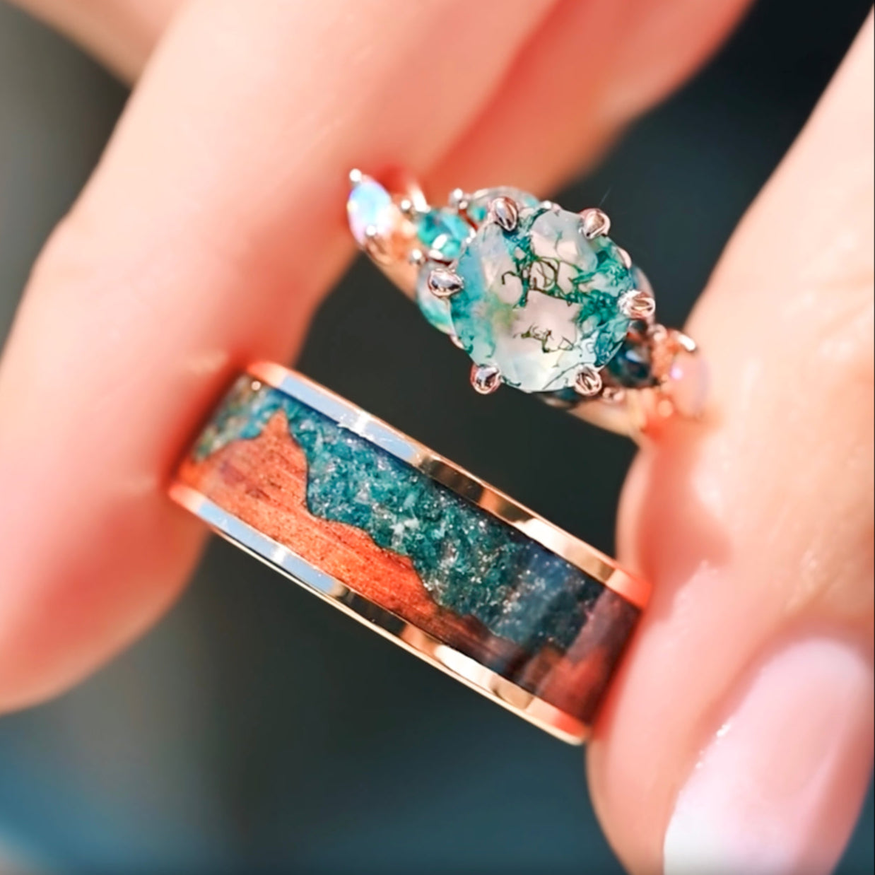 Nesta Moss Agate Couples Ring Set, His and Hers Rose Gold Wedding Bands, Wood Nature Landscape Ring, Unique Engagement or Promise Ring Set
