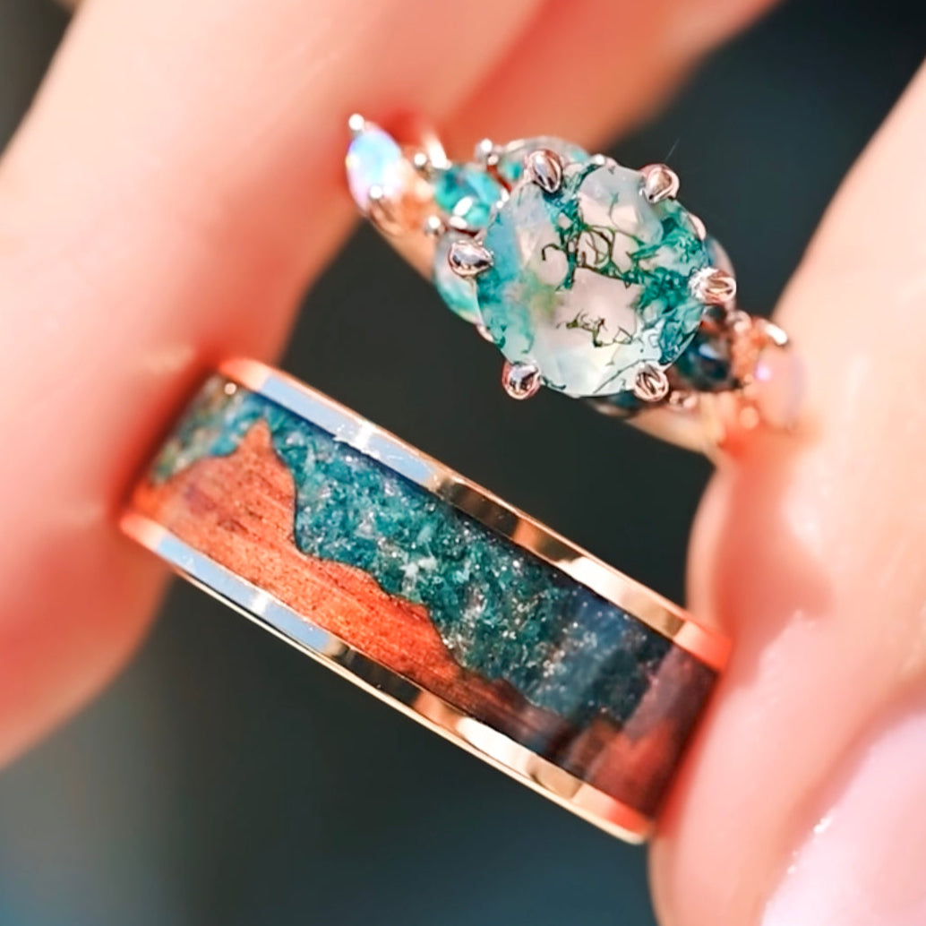 Nesta Moss Agate Couples Ring Set, His and Hers Rose Gold Wedding Bands, Wood Nature Landscape Ring, Unique Engagement or Promise Ring Set
