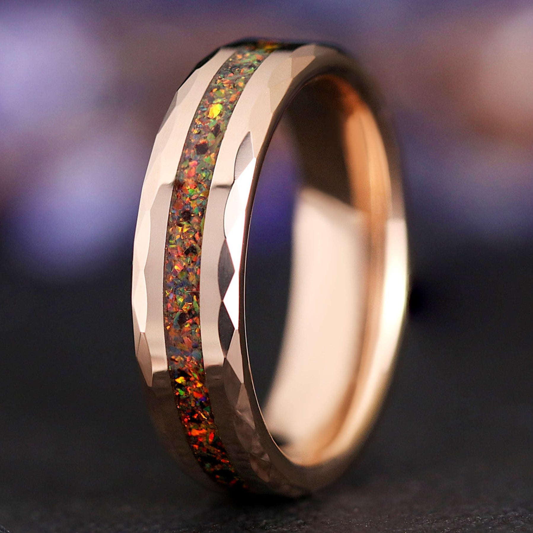 Red Fire Opal Ring, 6mm Rose Gold Mens Wedding Band, Faceted Edge, Centered Crushed Opal Inlay, Unique Promise Ring for Him, Polished Finish