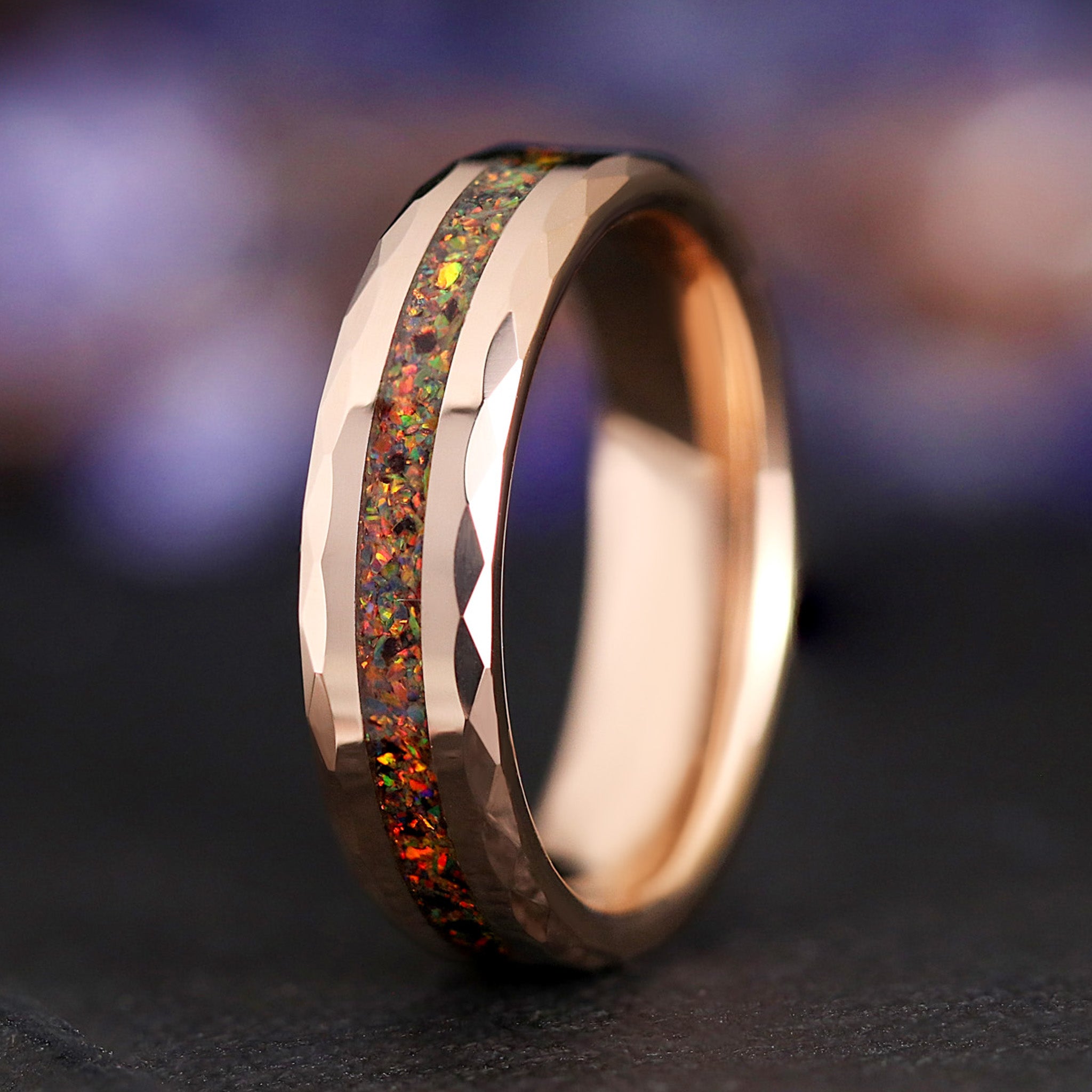 Red Fire Opal Ring, 6mm Rose Gold Mens Wedding Band, Faceted Edge, Centered Crushed Opal Inlay, Unique Promise Ring for Him, Polished Finish