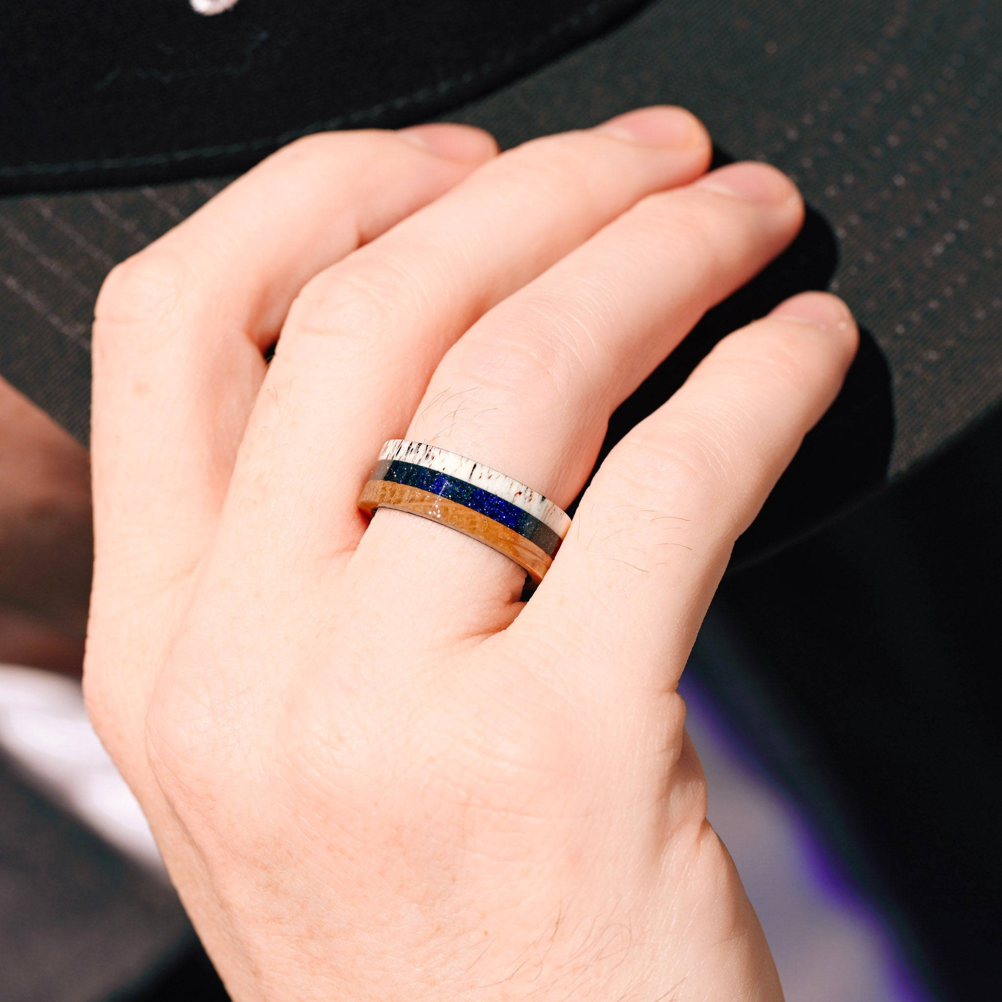 Mens Whiskey Barrel Ring, Antler Wedding Band, Black Nebula Ring, Blue Sandstone, Unique Engagement Ring, Promise Ring, Nature, Ring Engrave
