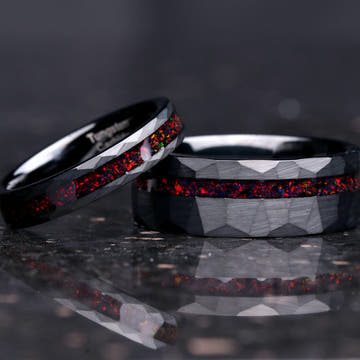 Matching hammered black tungsten couples ring set with black fire opal inlays, 8mm and 4mm