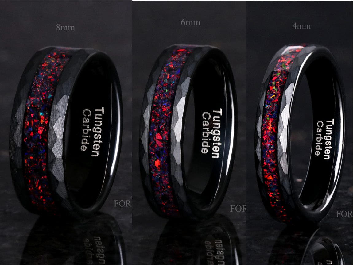 Crushed black fire opal hammered black tungsten bands in 8mm, 6mm and 4mm widths