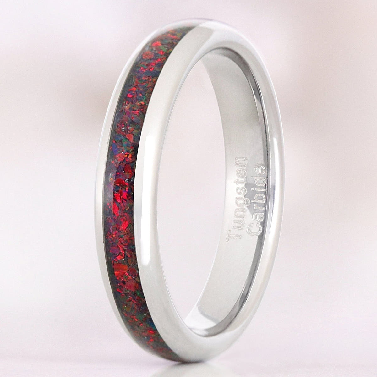Black fire opal ring, 4mm silver tungsten wedding band with crushed black opal inlay, polished dome promise ring